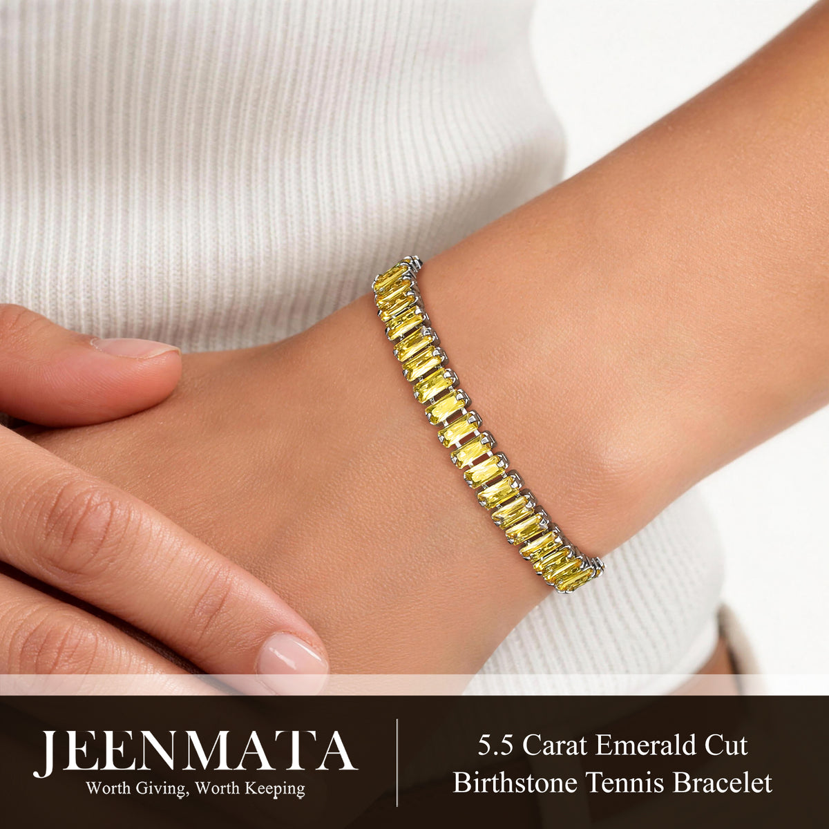 JeenMata 5.5 Carat November Citrine - Emerald Cut Birthstone Tennis Bracelet Eternity Design - White Gold Plating, Female, Adult
