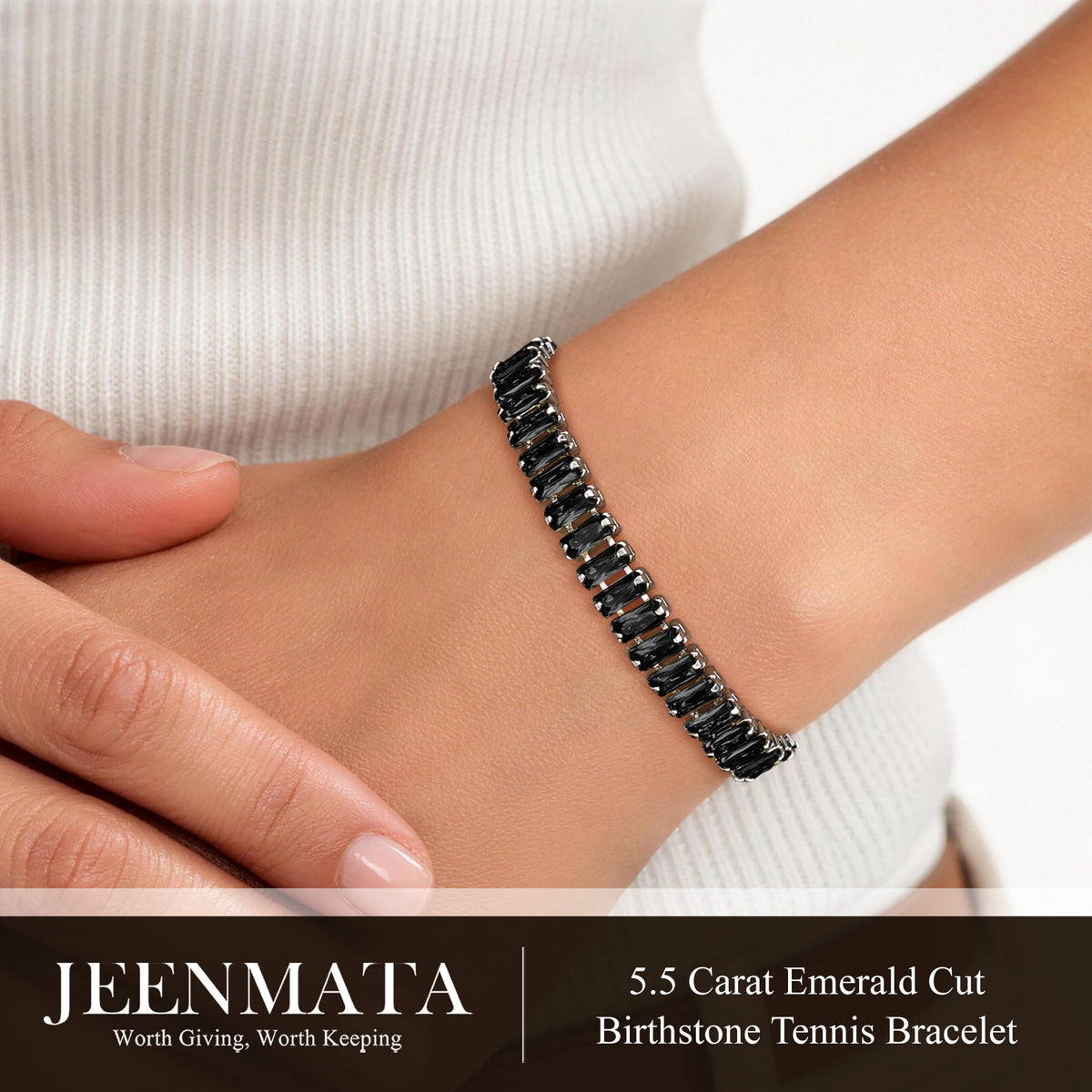 JeenMata 5.5 Carat Black Cubic Zirconia - Emerald Cut Birthstone Tennis Bracelet Eternity Design - White Gold Plating, Female, Adult