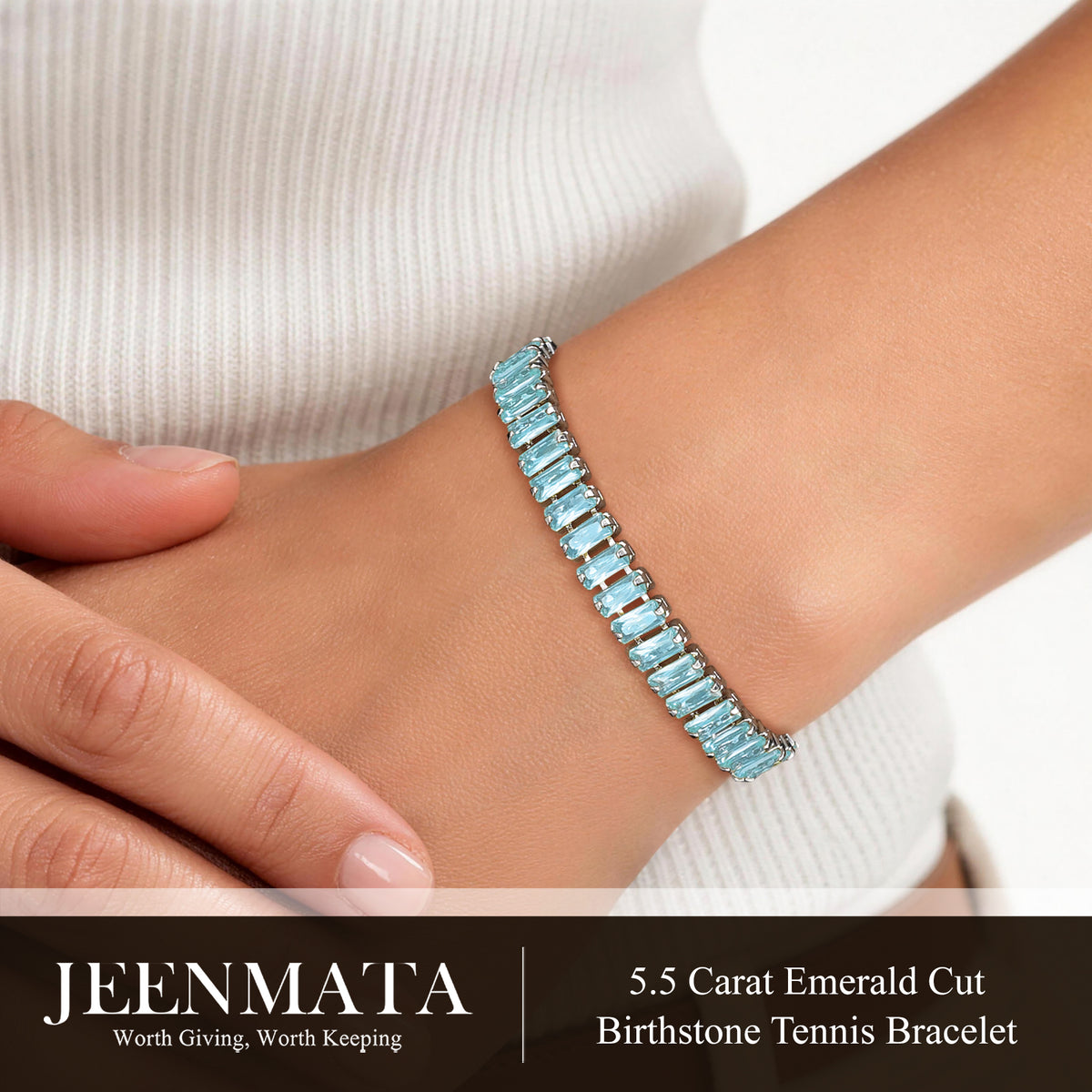 JeenMata 5.5 Carat December Blue Topaz - Emerald Cut Birthstone Tennis Bracelet Eternity Design - White Gold Plating, Female, Adult