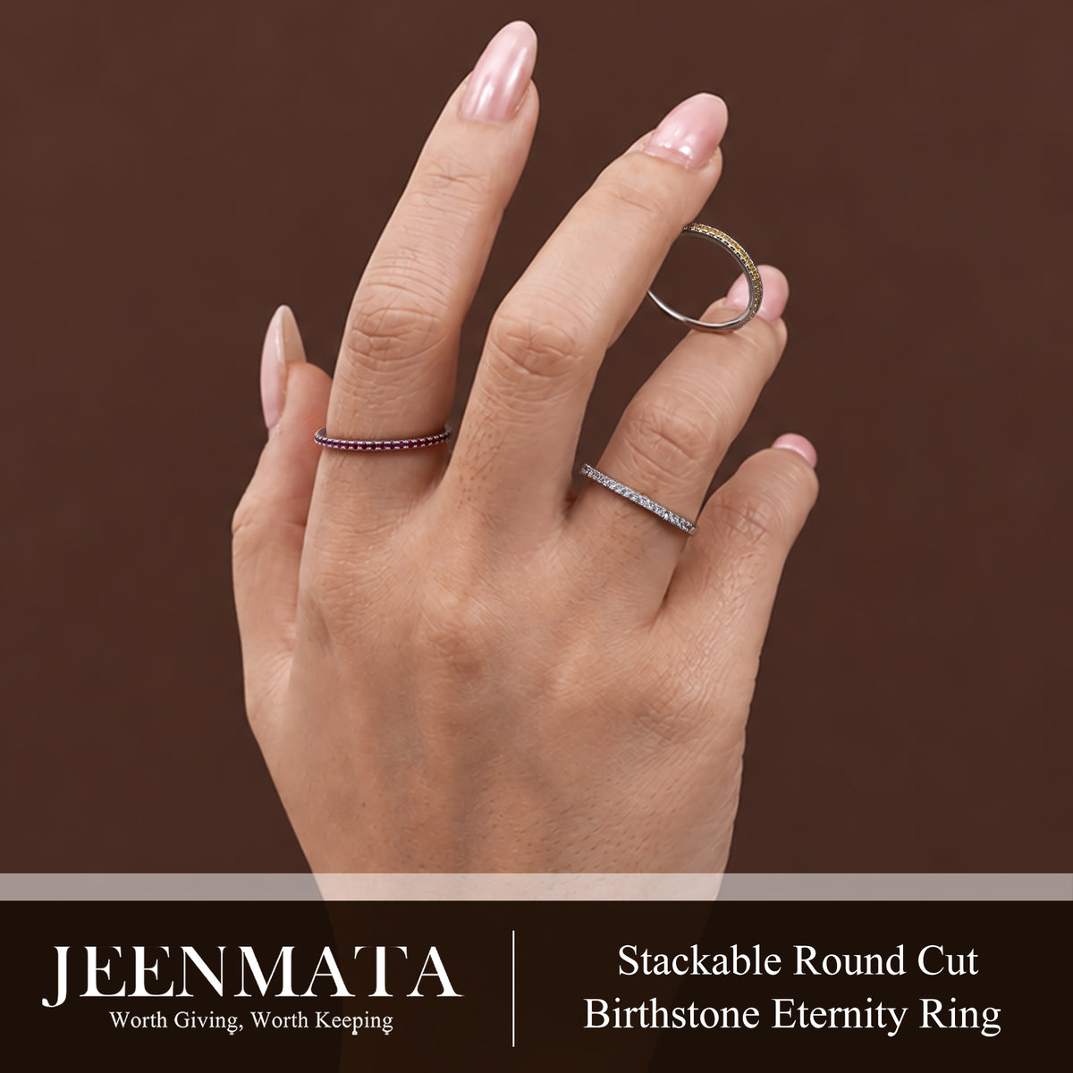 JeenMata Pave Accented - 0.25 Carat Round Cut -June Birthstone- Classic Wedding Band - 18K White Gold Plating for Women