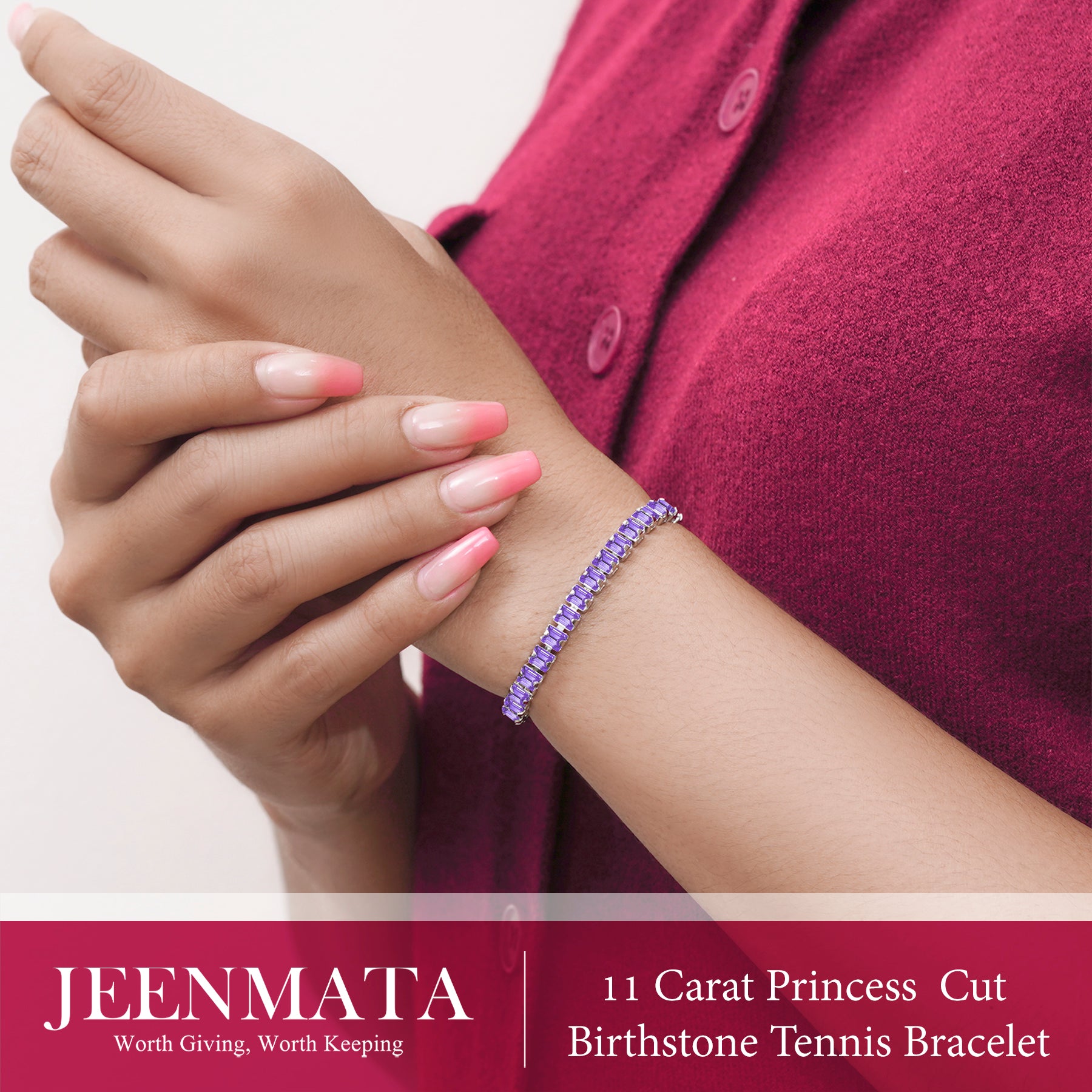 JeenMata 11 Carat February Amethyst - Princess Cut Birthstone Tennis Bracelet for Women Eternity Design - White Gold Plating, Birthday, Anniversary, Valentine's Day Gift