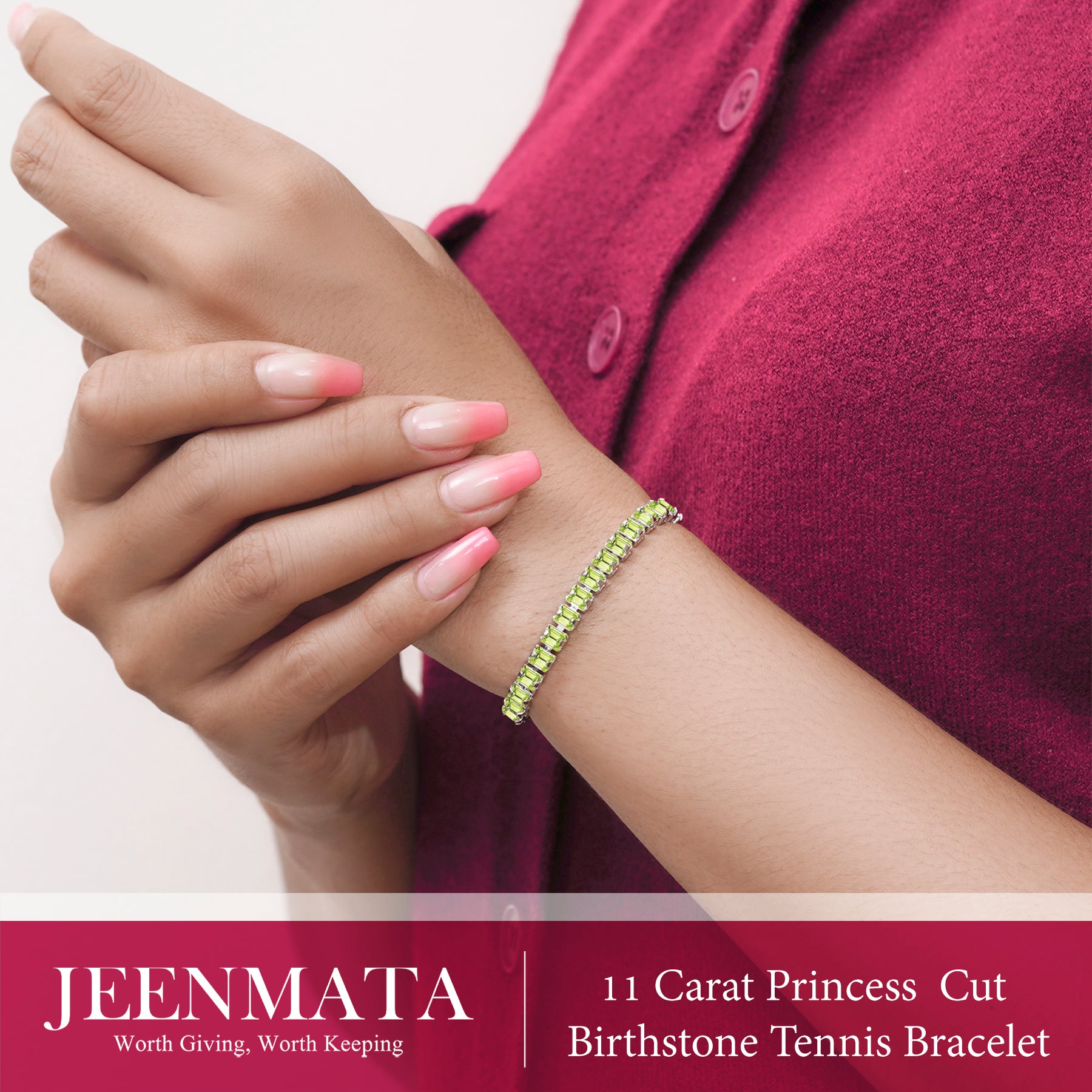 JeenMata 11 Carat August Peridot - Princess Cut Birthstone Tennis Bracelet for Women Eternity Design - White Gold Plating, Birthday, Anniversary, Valentine's Day Gift
