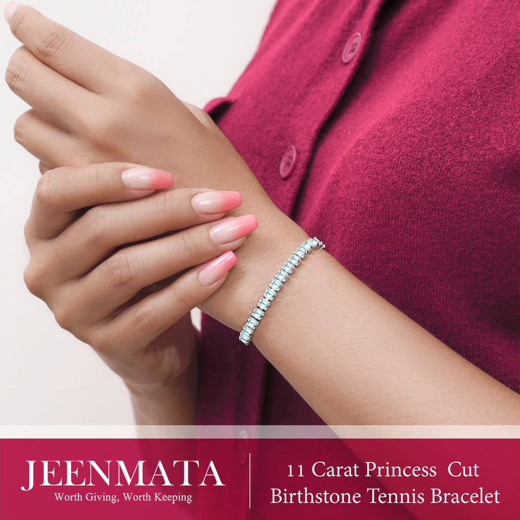 JeenMata 11 Carat March Aquamarine - Princess Cut Birthstone Tennis Bracelet for Women Eternity Design - White Gold Plating, Birthday, Anniversary, Valentine's Day Gift