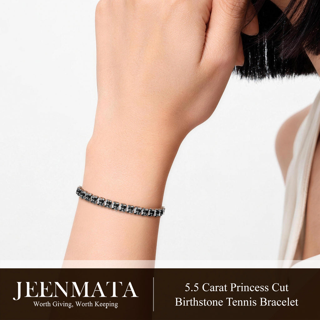 JeenMata 5.5 TCW Black Cubic Zirconia - Princess Cut Birthstone Tennis Bracelet for Women Eternity Design - White Gold Plating, Birthday, Anniversary, Valentine's Day Gift