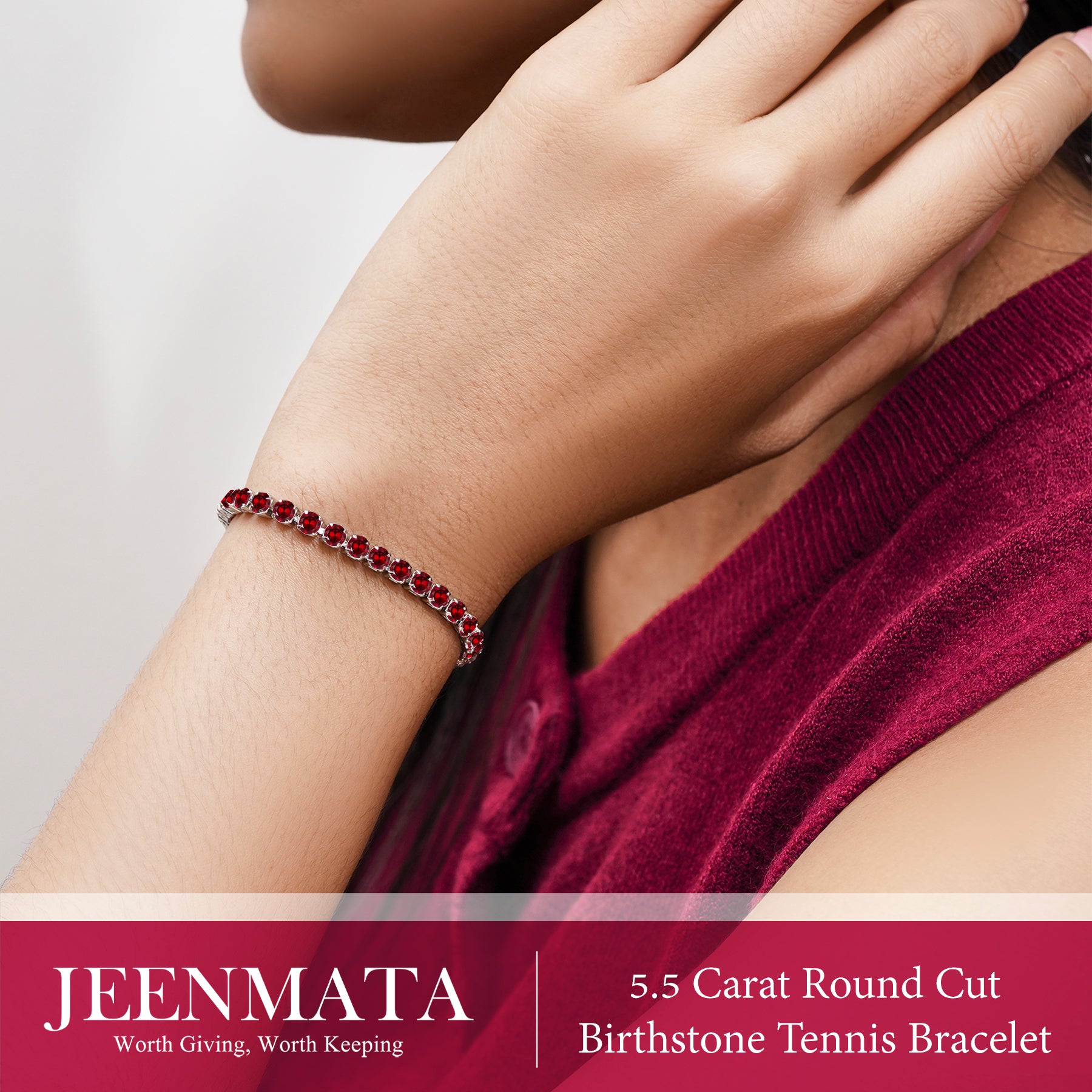 JeenMata 5.5 Carat July Ruby - Round Cut Birthstone Tennis Bracelet Eternity Design - White Gold Plating, Female, Adult