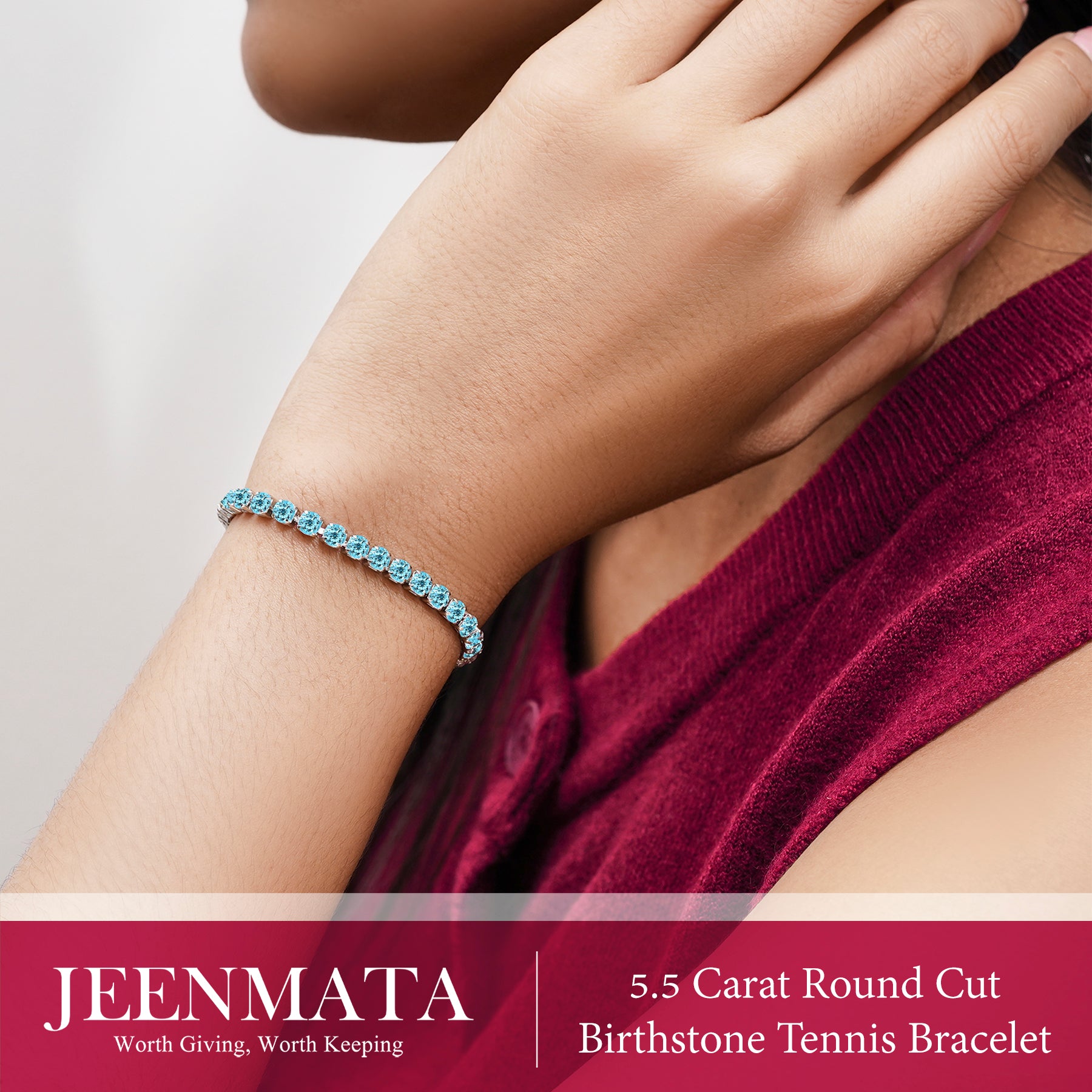 JeenMata 5.5 Carat December Blue Topaz - Round Cut Birthstone Tennis Bracelet Eternity Design - White Gold Plating, Female, Adult