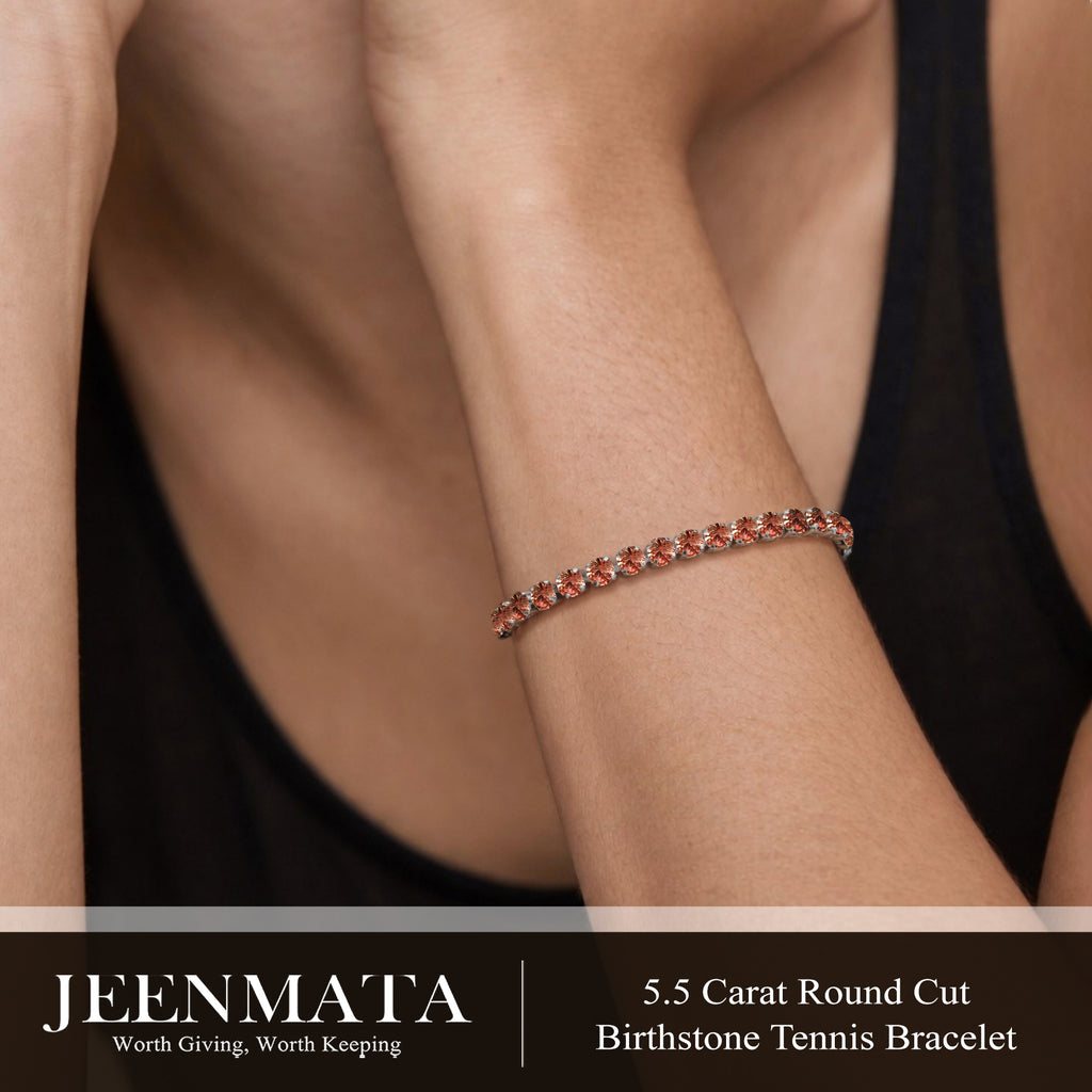 JeenMata 5.5 Carat January Garnet - Round Cut Birthstone Tennis Bracelet Eternity Design - White Gold Plating, Female, Adult