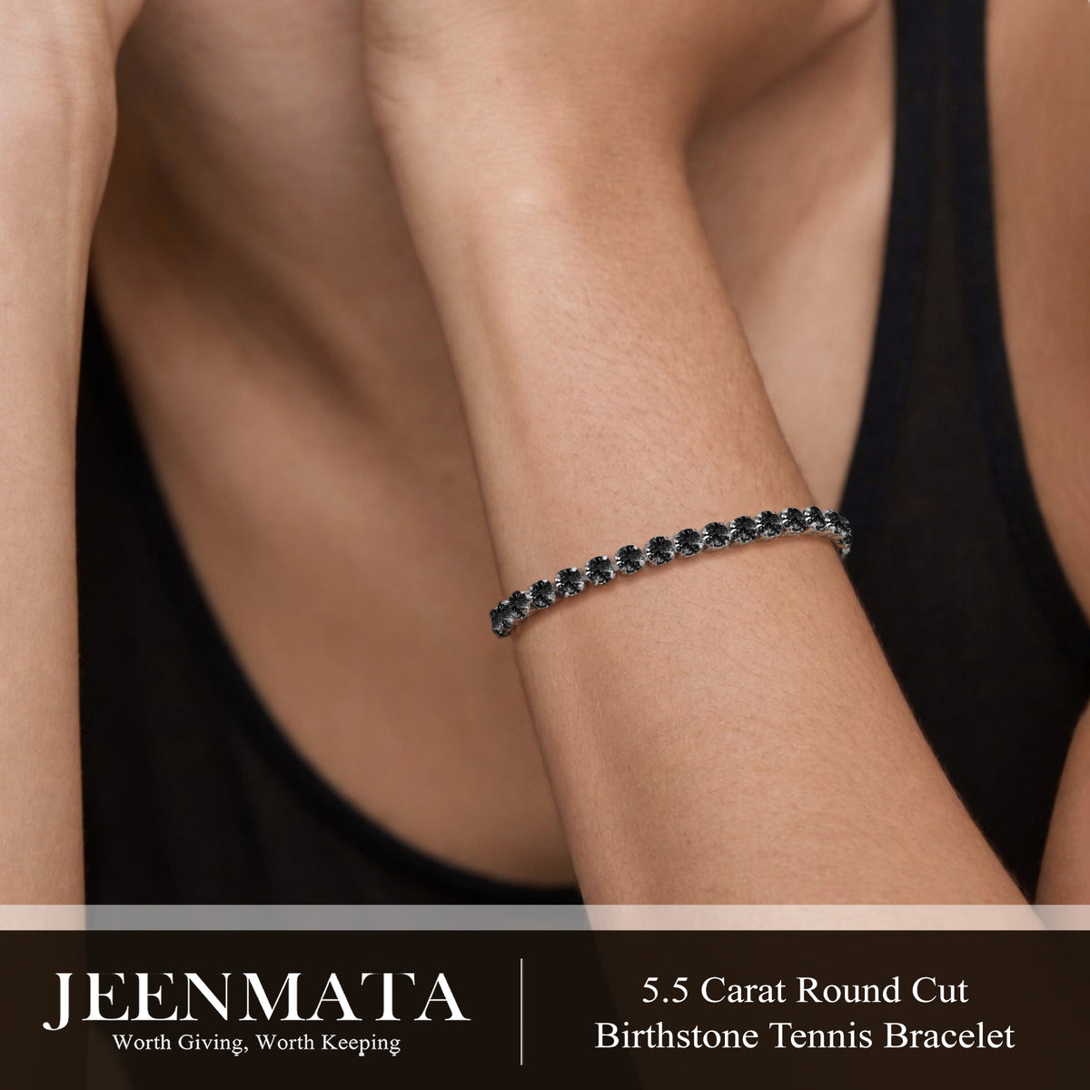 JeenMata 5.5 Carat Black Cubic Zirconia - Round Cut Birthstone Tennis Bracelet Eternity Design - White Gold Plating, Female, Adult