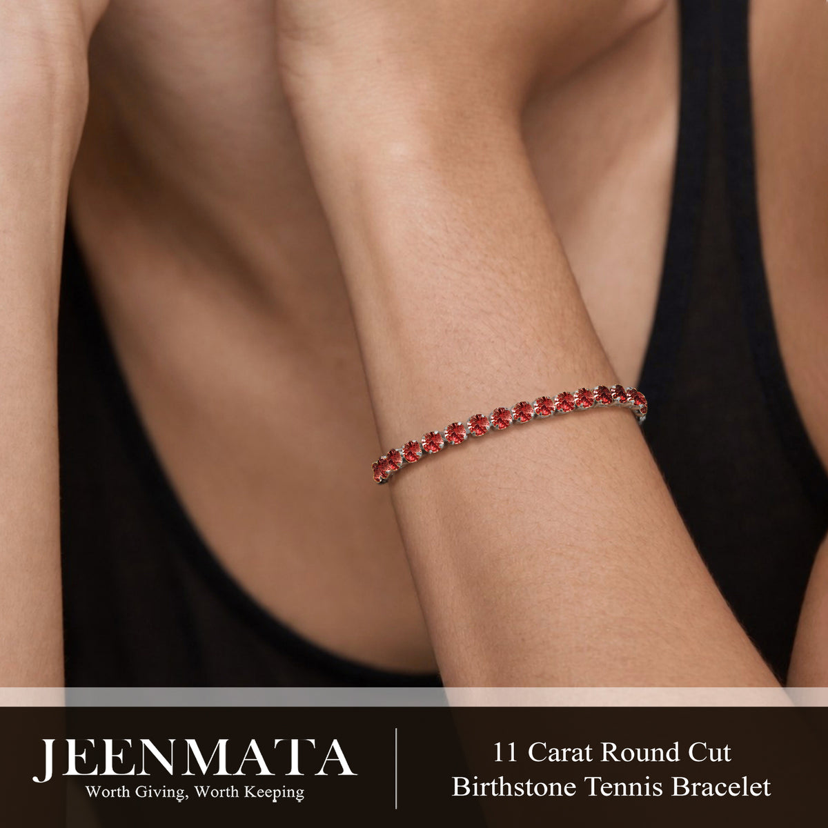 JeenMata 11 TCW July Ruby - Round Cut Birthstone Tennis Bracelet for Women in Eternity Design - White Gold Plating, Female, Adult