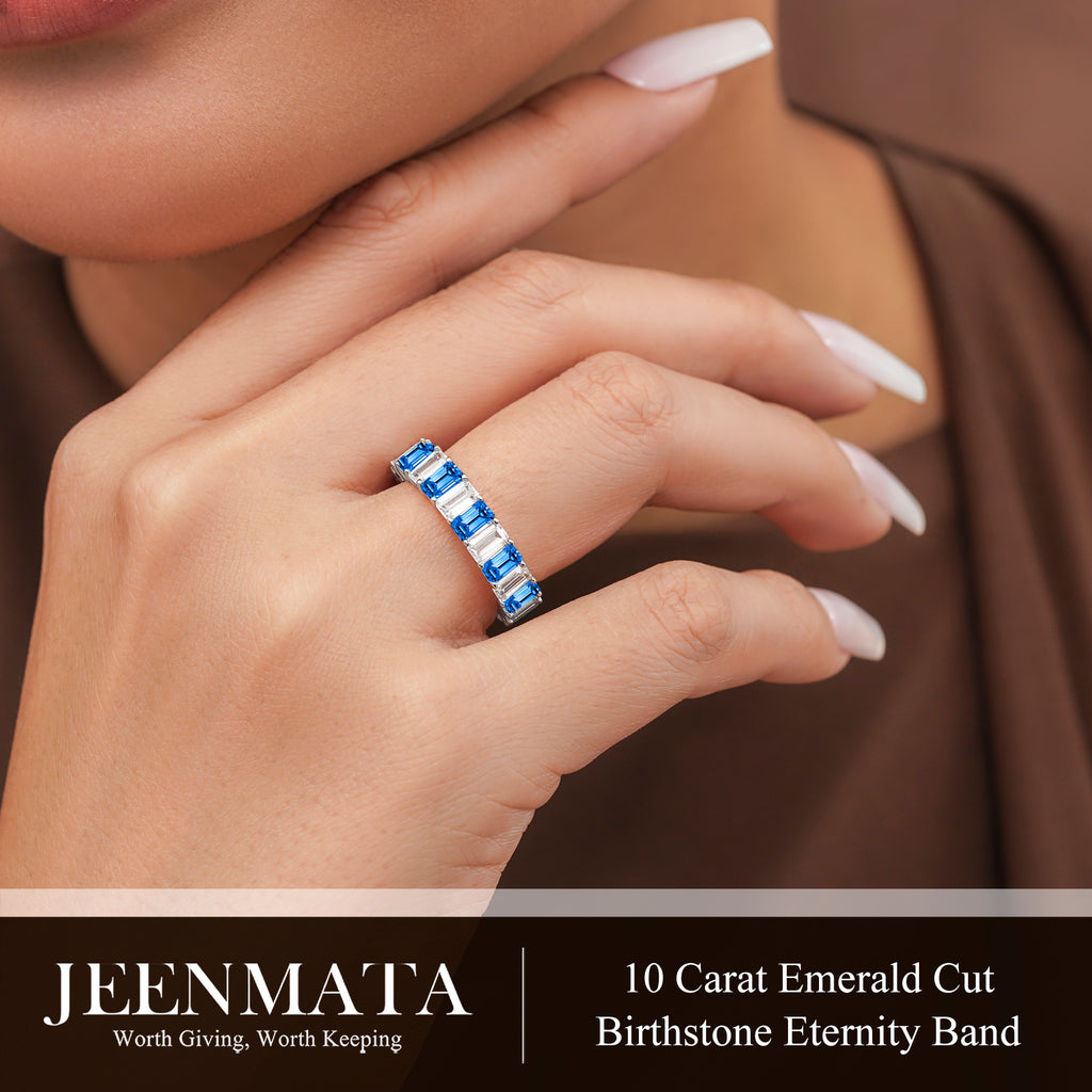 JeenMata 10 Carat Emerald Cut September Birthstone - Multicolor Eternity Wedding Band - Royal Blue Sapphire & Cubic Zirconia Rings in 18K White Gold Plating for Women