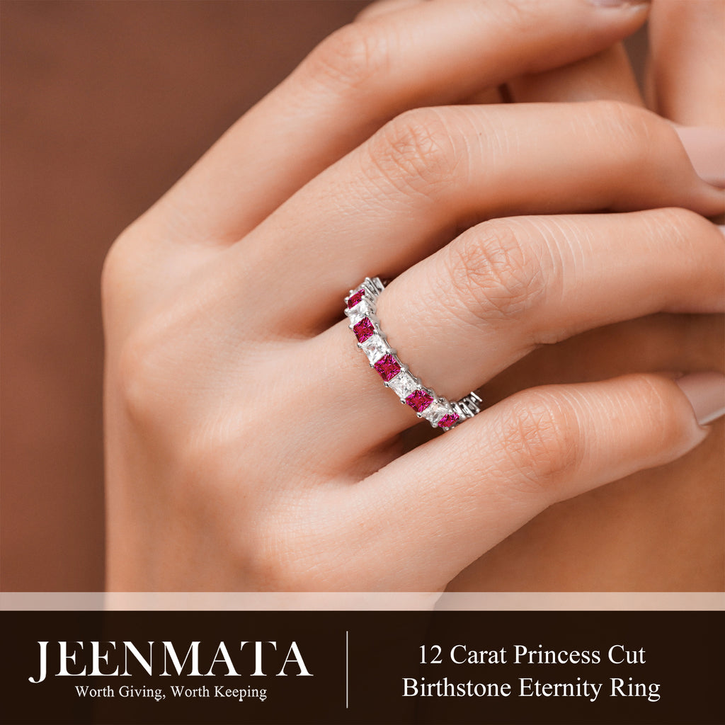 JeenMata 12 Carat Princess Cut July Birthstone - Multicolor Eternity Wedding Band - Ruby & Cubic Zirconia Rings in 18K White Gold Plating for Women