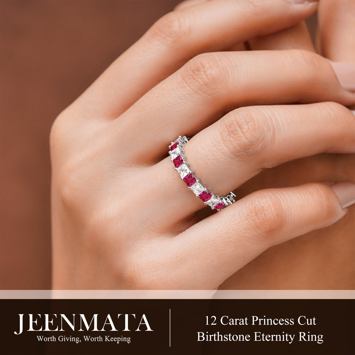 JeenMata 12 Carat Princess Cut July Birthstone - Multicolor Eternity Wedding Band - Ruby & Cubic Zirconia Rings in 18K White Gold Plating for Women