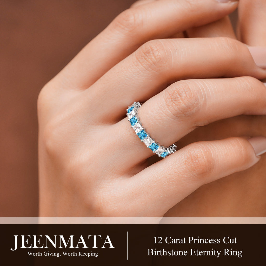 JeenMata 12 Carat Princess Cut December Birthstone - Multicolor Eternity Wedding Band - Blue Topaz & Cubic Zirconia Rings in 18K White Gold Plating for Women