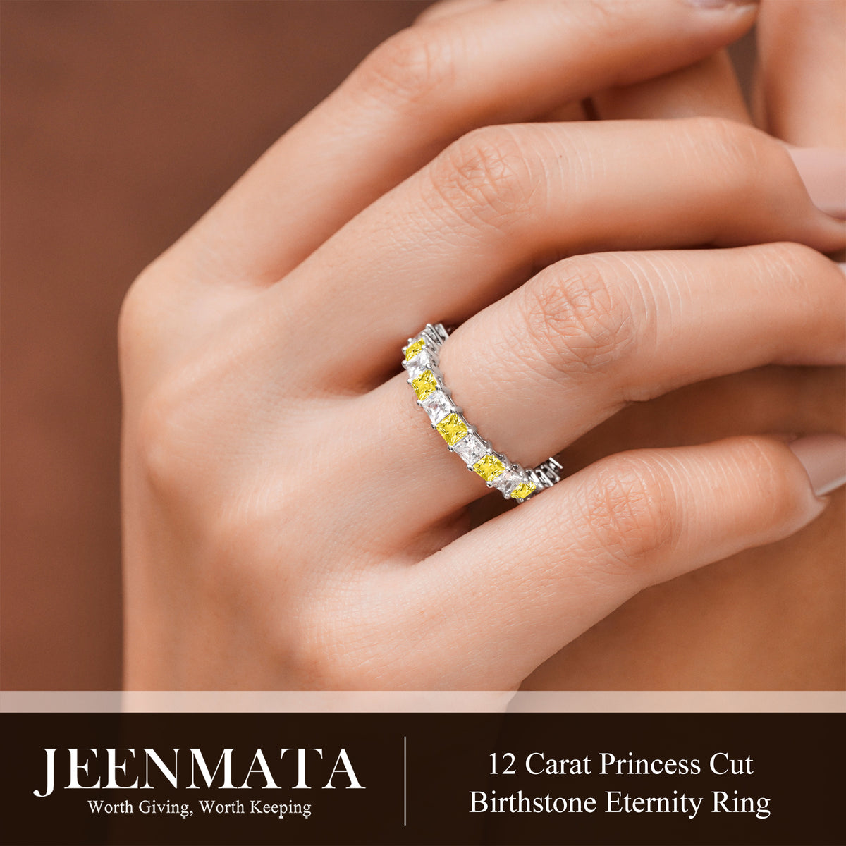 JeenMata 12 Carat Princess Cut November Birthstone - Multicolor Eternity Wedding Band - Citrine & Cubic Zirconia Rings in 18K White Gold Plating for Women