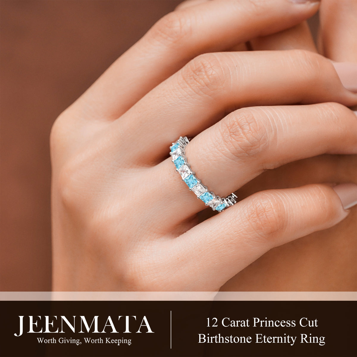 JeenMata 12 Carat Princess Cut March Birthstone - Multicolor Eternity Wedding Band - Aquamarine & Cubic Zirconia Rings in 18K White Gold Plating for Women