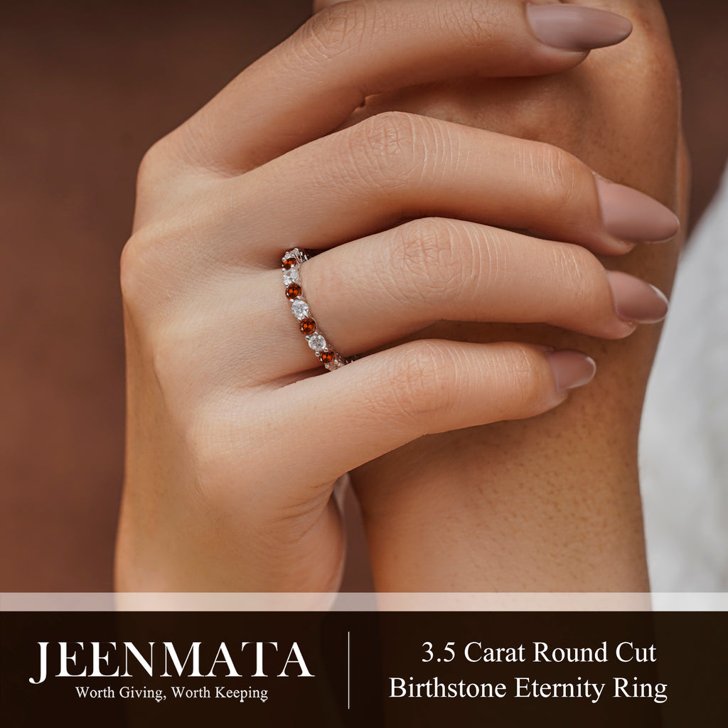 JeenMata 3.5 Carat Round Cut January Birthstone - Multicolor Eternity Wedding Band - Garnet & Cubic Zirconia Rings in 18K White Gold Plating for Women