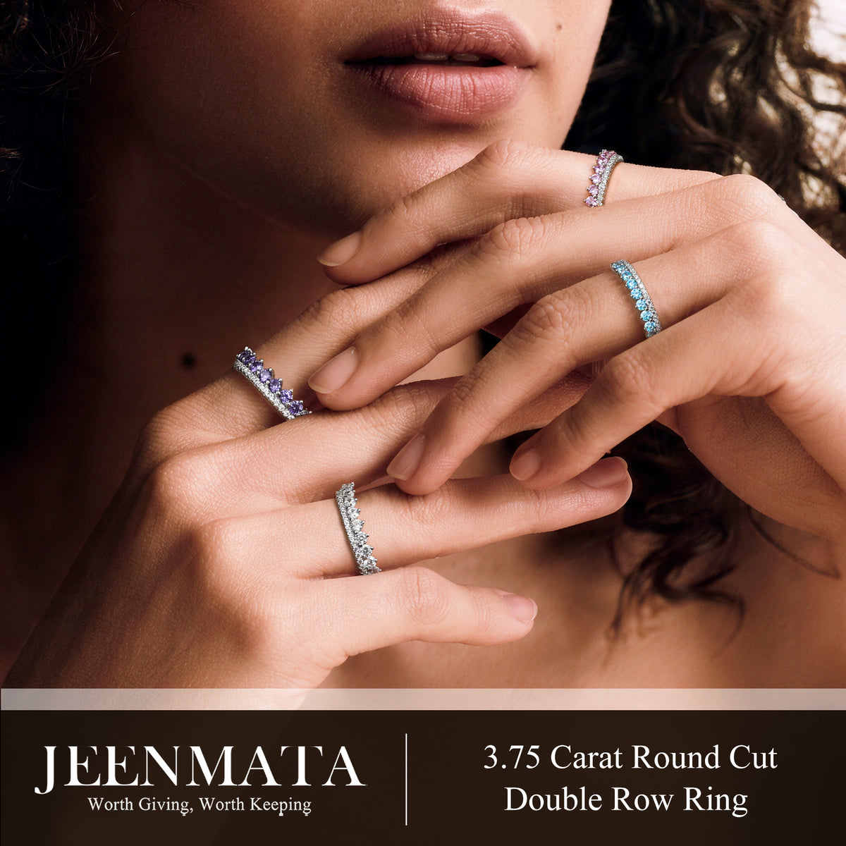 JeenMata 3.75 Carat Round Cut Double Row January Birthstone Ring for Her, Garnet Cubic Zirconia Eternity Wedding Band Ring, Anniversary Ring in 18K White Gold Plating for Women