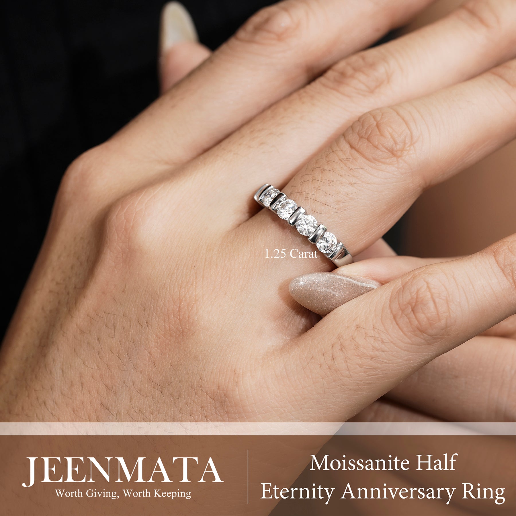 JeenMata 1.25 Carat Moissanite Half Eternity Anniversary Ring - Stackable Wedding Band Rings for Women in 18K White Gold Plating, Wedding Gift for Her