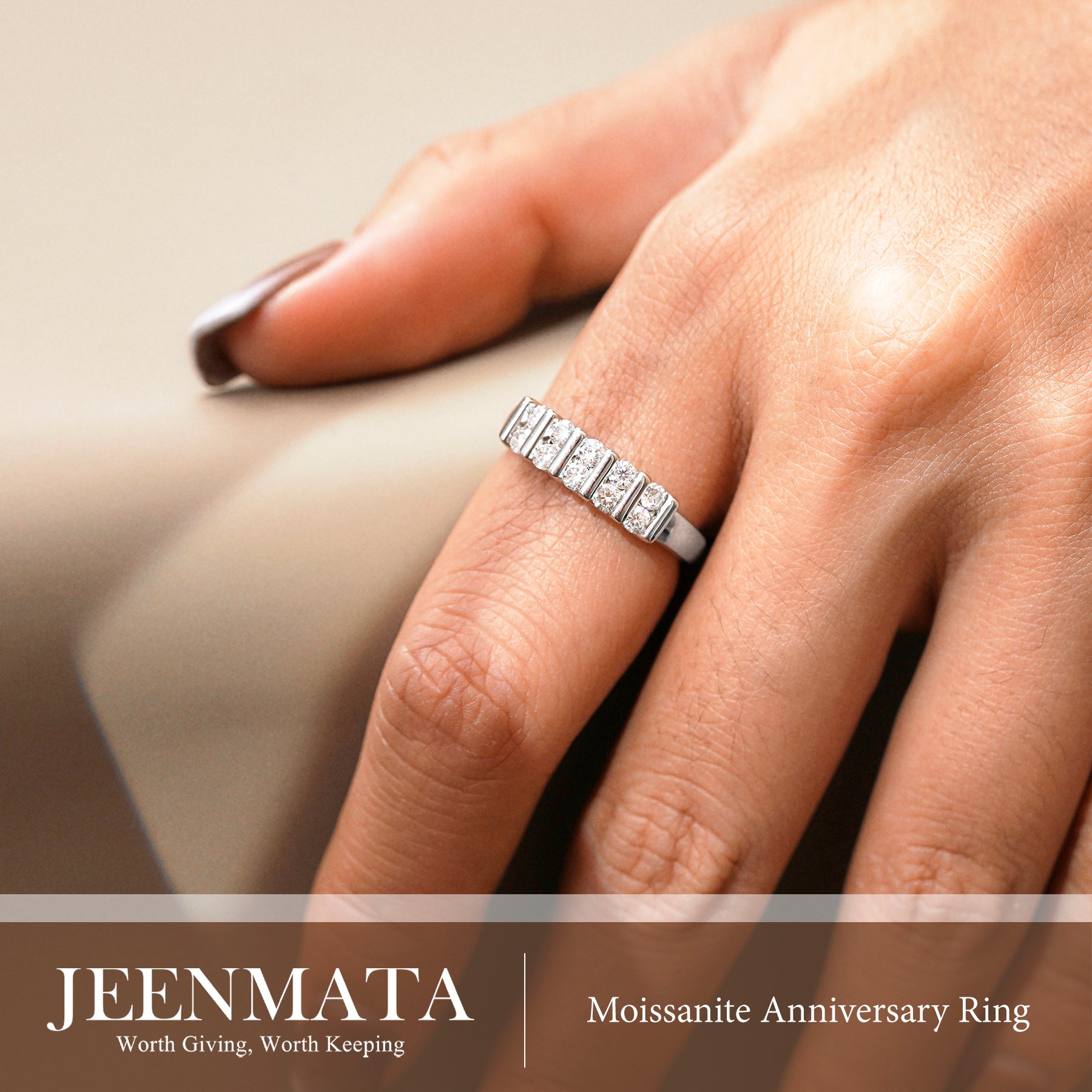 JeenMata Moissanite Half Eternity Band - Double Row Stackable Anniversary Ring for Women in 18K White Gold Plating, Gift for Her, Gift for Women