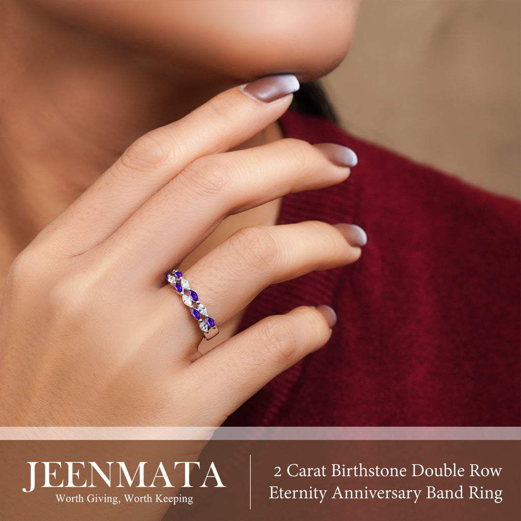 JeenMata 2 Carat Marquise Cut - June Alexandrite Birthstone Cubic Zirconia Double Row Eternity Anniversary Band Ring in 18K White Gold Plating for Women