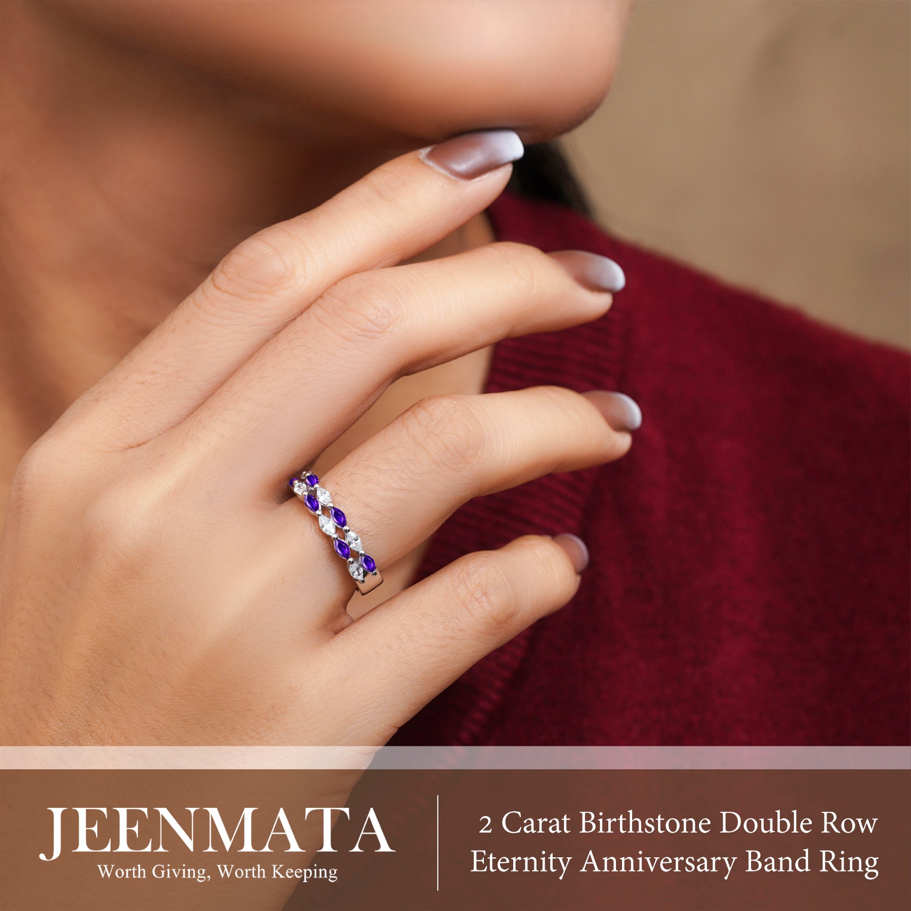 JeenMata 2 Carat Marquise Cut - June Alexandrite Birthstone Cubic Zirconia Double Row Eternity Anniversary Band Ring in 18K White Gold Plating for Women