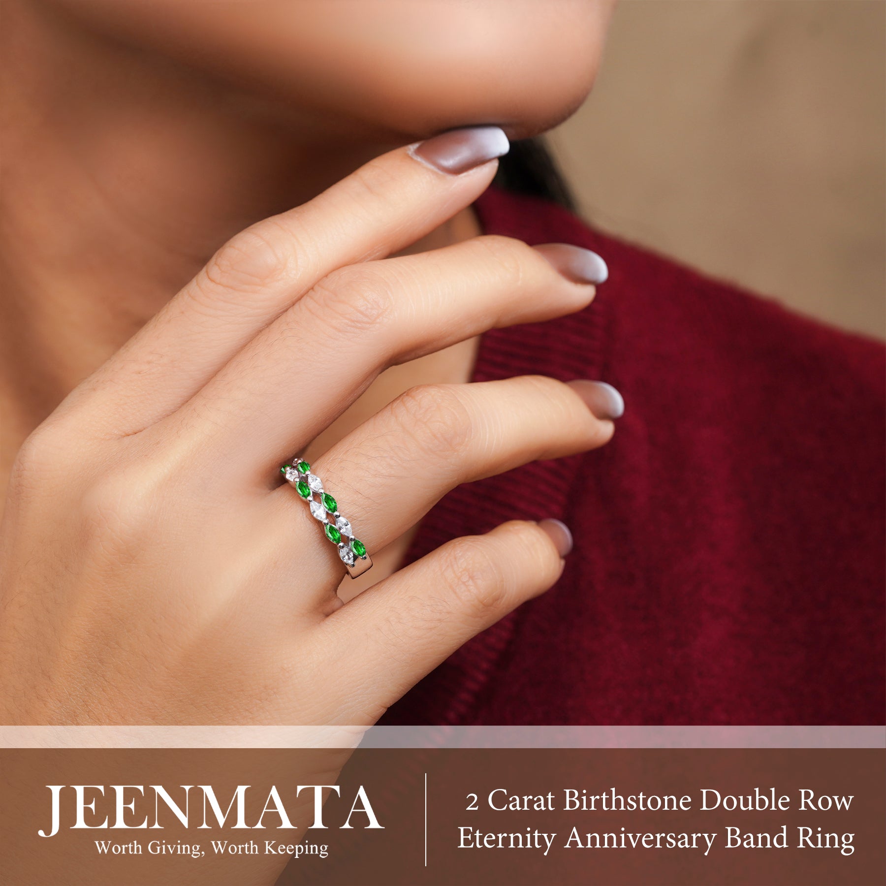 JeenMata 2 Carat Marquise Cut - May Emerald Birthstone Cubic Zirconia Double Row Eternity Anniversary Band Ring in 18K White Gold Plating for Women