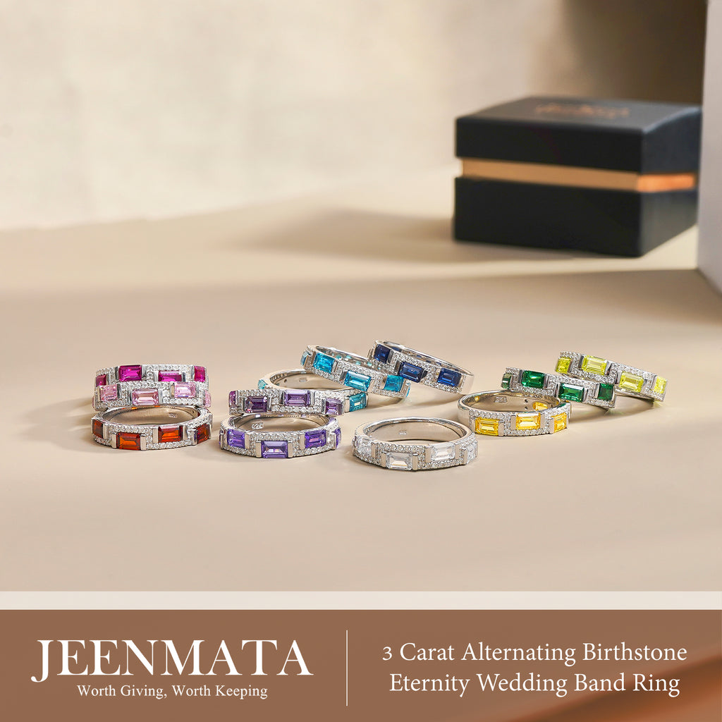 JeenMata 3 Carat Emerald & Round Cut July Ruby Cubic Zirconia - Alternating Birthstone Eternity Wedding Band Ring in 18K White Gold Plating for Women
