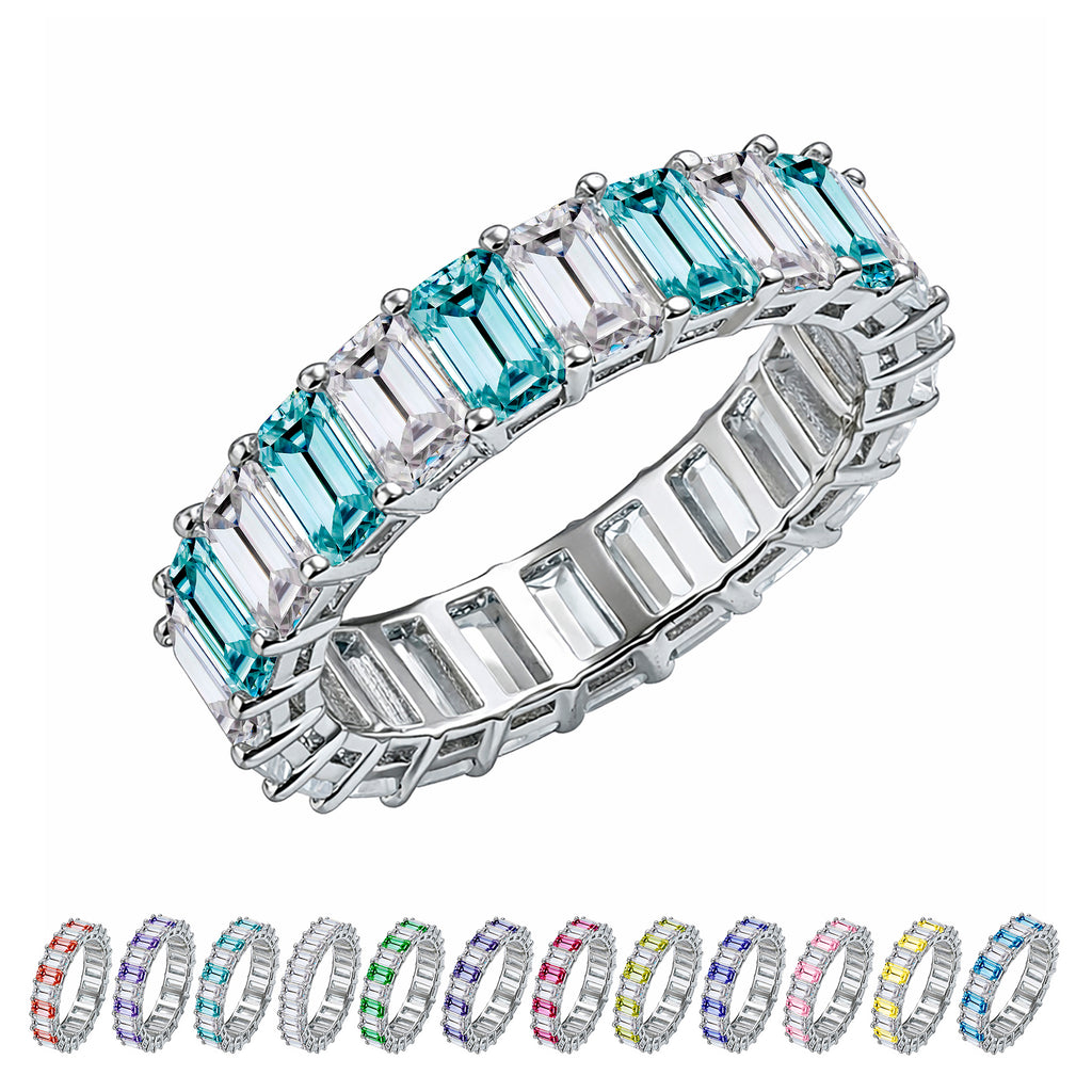 JeenMata 10 Carat Emerald Cut March Birthstone - Multicolor Eternity Wedding Band - Aquamarine & Cubic Zirconia Rings in 18K White Gold Plating for Women