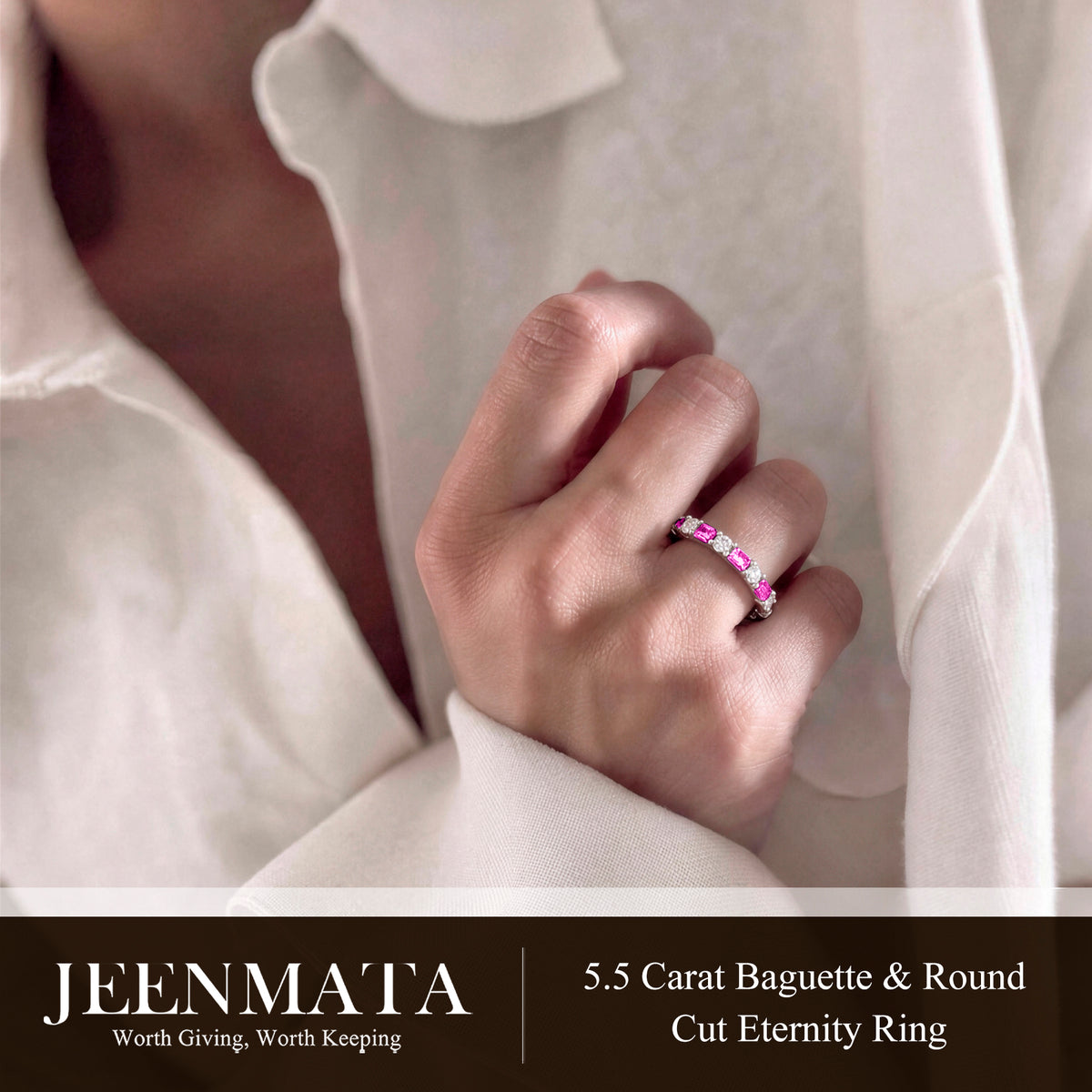 JeenMata Eternity Wedding Band Rings for Women, 5.5 Carat Alternating Baguette & Round Cut CZ, July Birthstone Birth Month Anniversary Ring for Woman, Christmas Gifts for Her