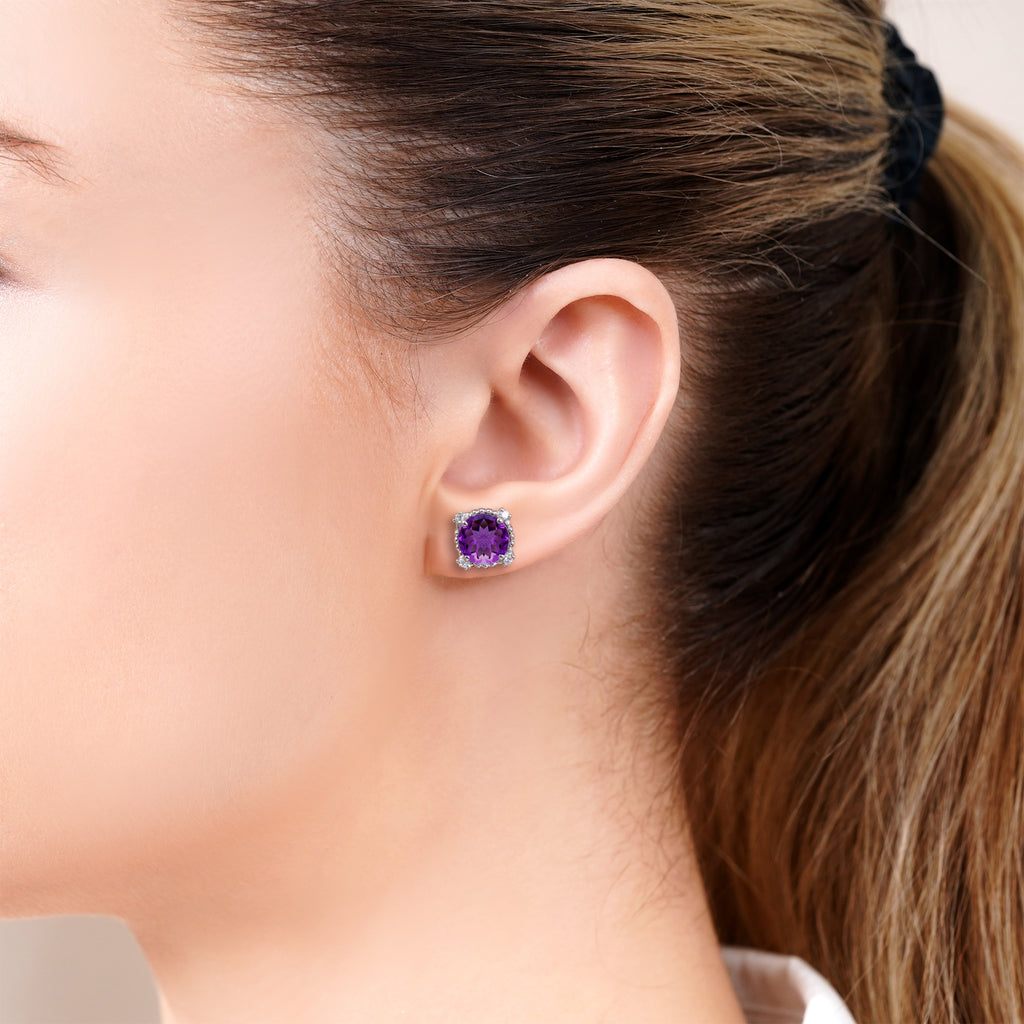 JeenMata 3.5 Carat Round Cut February Birthstone Stud Earrings - Halo Milgrain Earrings in 18K White Gold Plating for Women