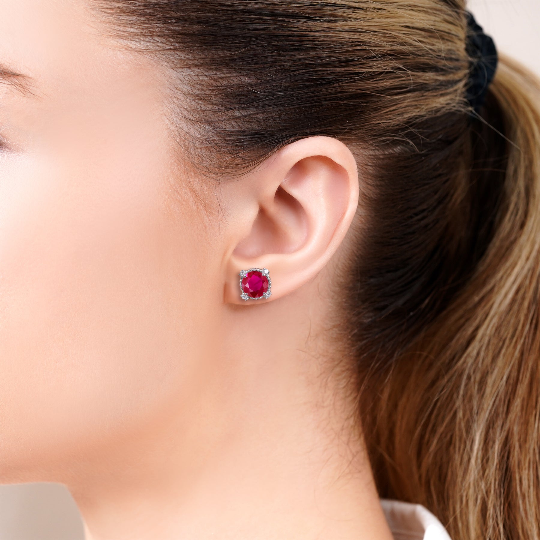 JeenMata 3.5 Carat Round Cut July Birthstone Stud Earrings - Halo Milgrain Earrings in 18K White Gold Plating for Women