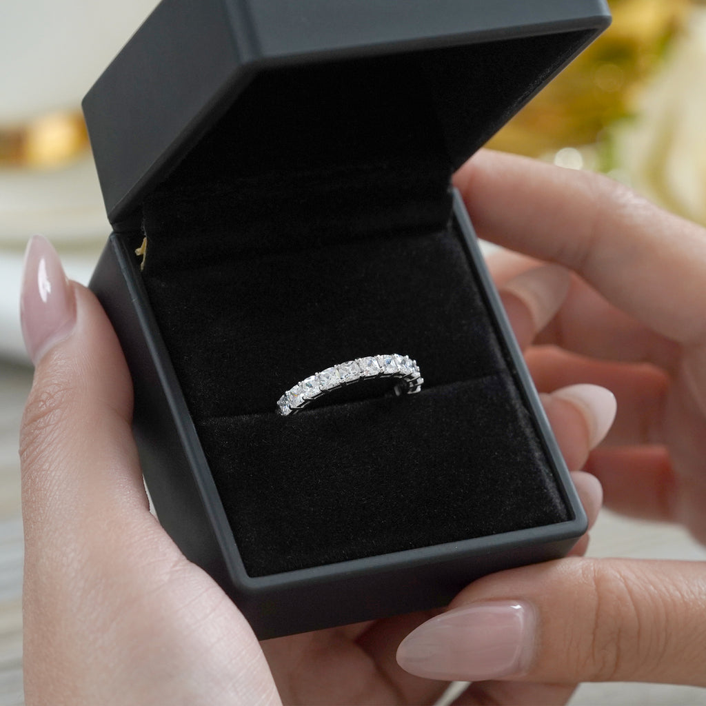 JeenMata 2.75 Carat Cushion Cut Moissanite Eternity Wedding Band - Classic Prong Style Wedding Ring in White Gold Plating for Women