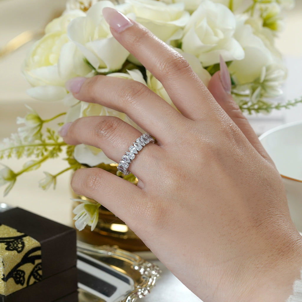 JeenMata 7.25 Carat Pear Cut Moissanite Eternity Wedding Band - Classic Prong Style Wedding Ring in White Gold Plating for Women