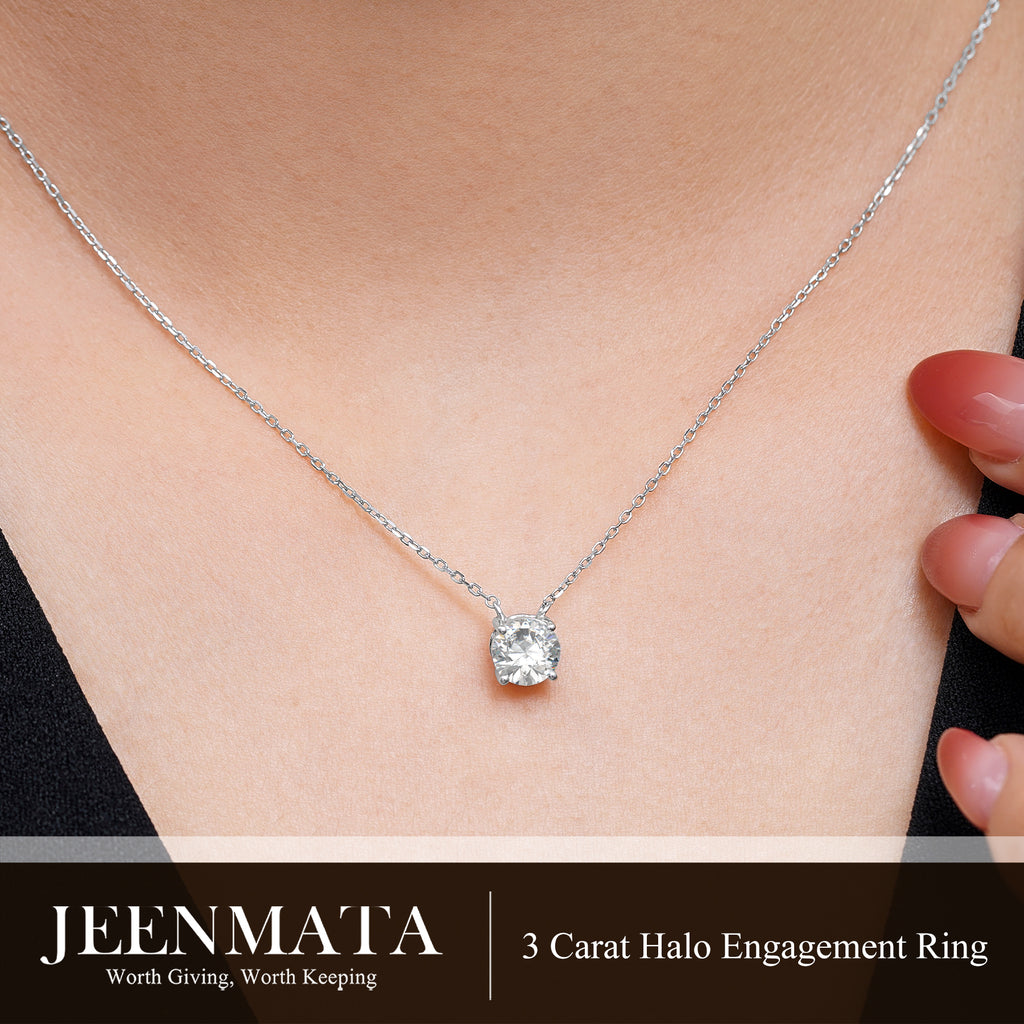 JeenMata Lab Grown Diamond 0.75 Carat Round Cut Classic Solitaire Pendant Necklace - in 18K White Gold Plating for Women
