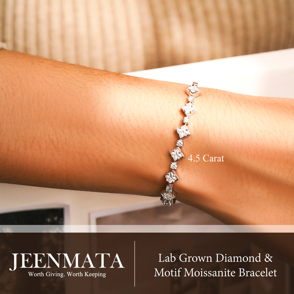 JeenMata 4.5 Carat Round Lab Grown Diamond & Motif Moissanite Bracelet – Elegant Floral Design in 18K White Gold Plating for Women