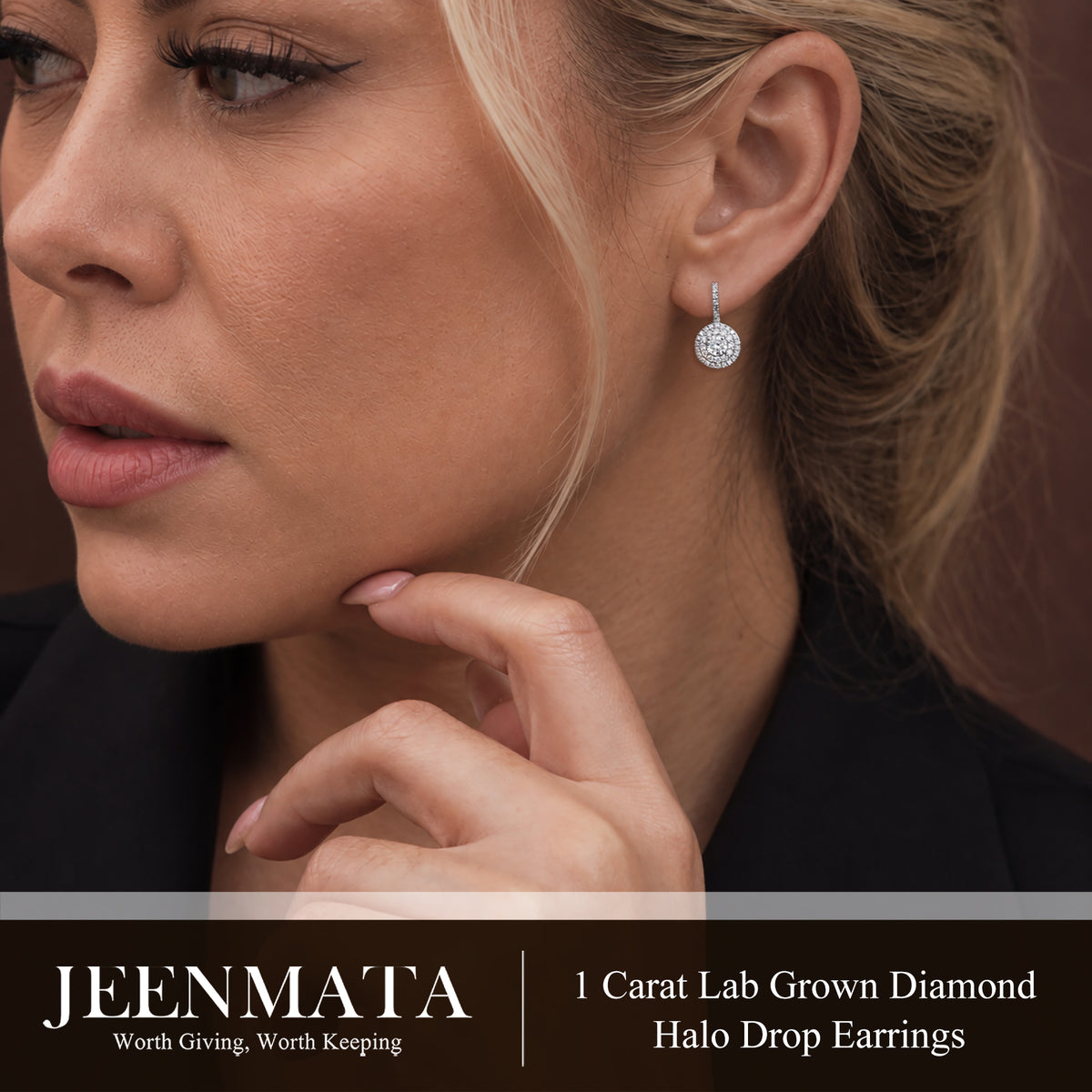 JeenMata 1 Carat Lab Grown Diamond Halo Drop Earrings - Round Cut Vintage Inspired Earrings in White Gold Plating