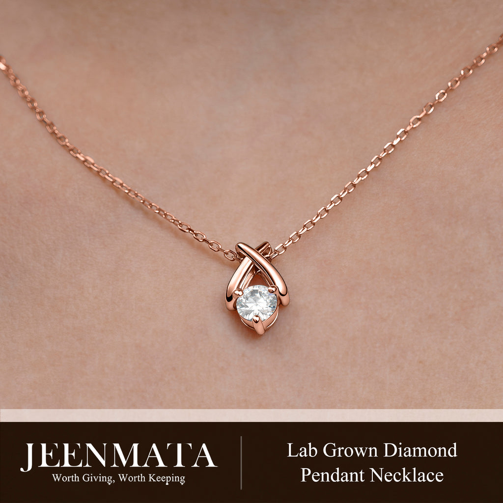 JeenMata X-Shaped Round Cut Lab Grown Diamond Pendant Necklace in 18K Rose Gold Plating for Women