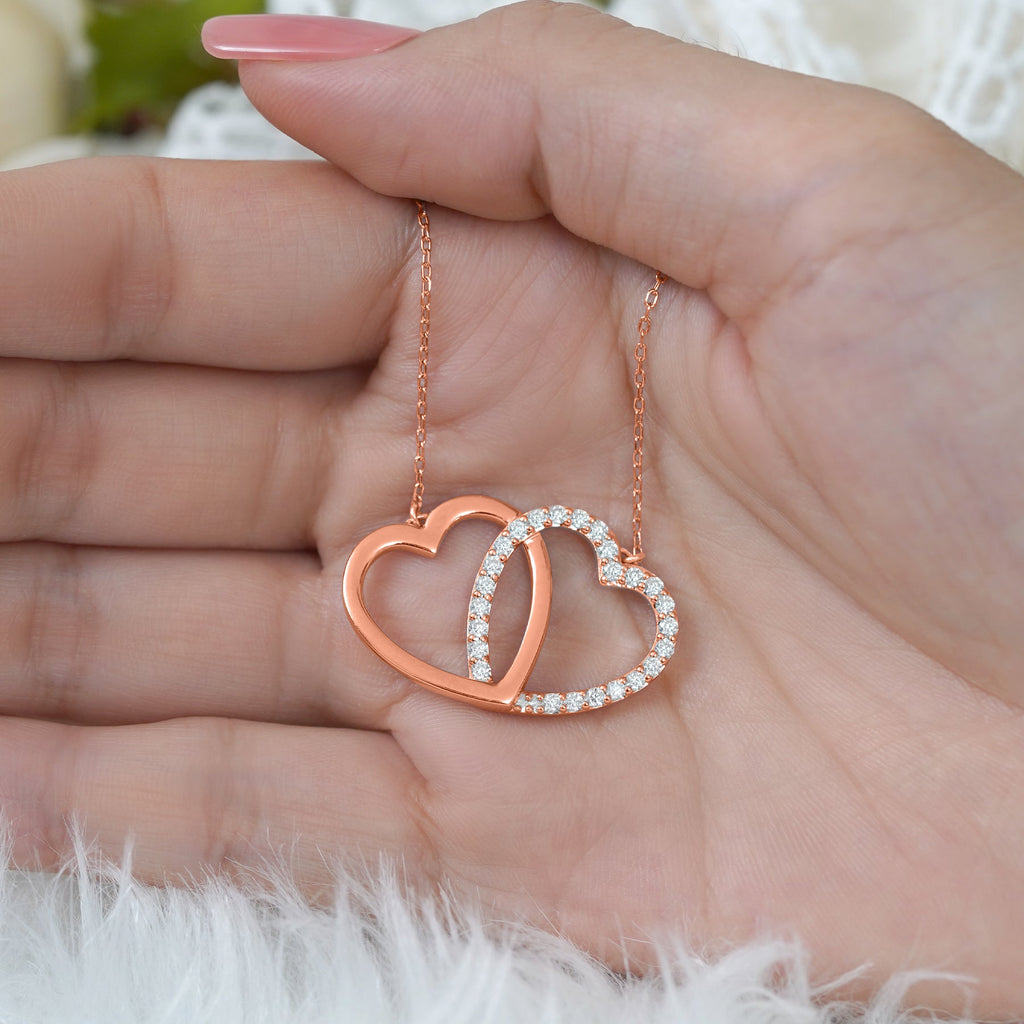 Certified Lab Grown Diamond Interlocking Heart Shape Pendant Necklace in White Gold Plating