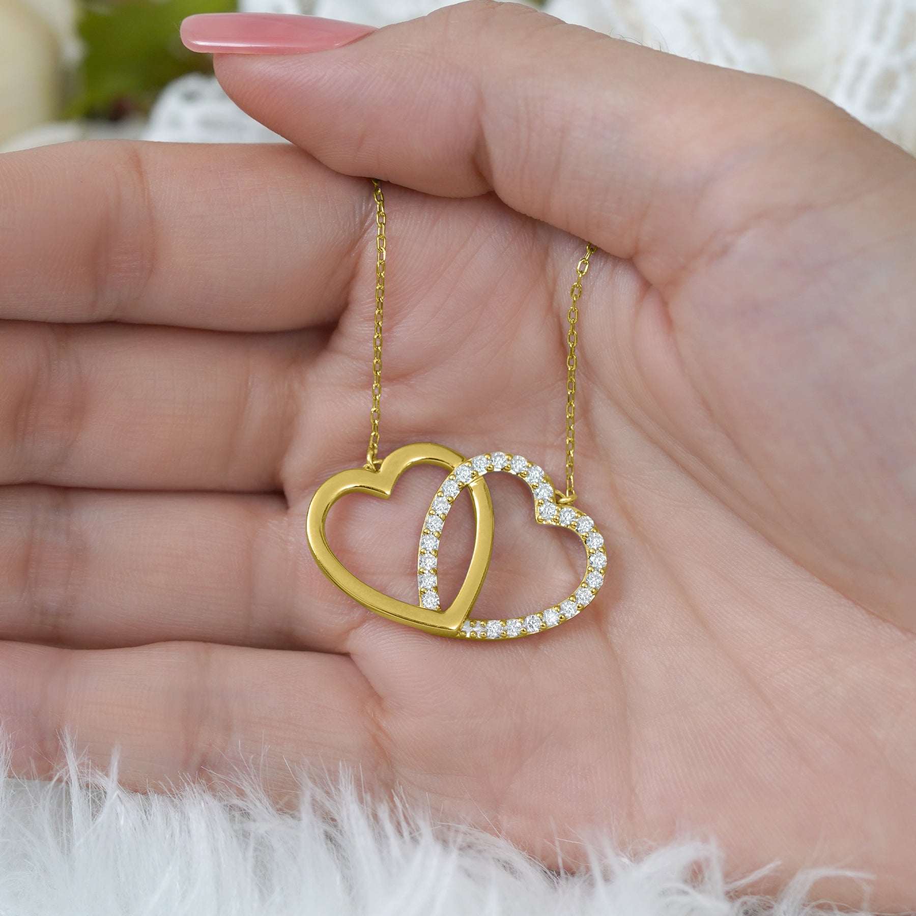 Certified Lab Grown Diamond Interlocking Heart Shape Pendant Necklace in White Gold Plating