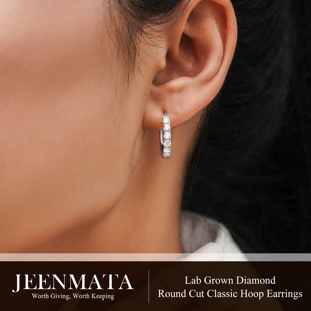 JeenMata Lab Grown Diamond Hoop Earrings - Round Cut Classic Hoop Earrings for Everyday Jewelry - White Gold Plating
