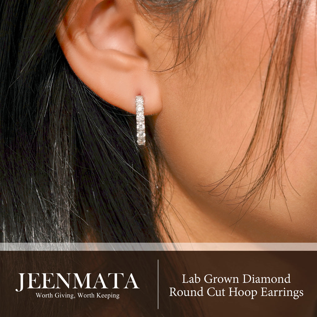 JeenMata Lab Grown Diamond Hoop Earrings - Round Cut Classic Hoop Earrings for Everyday Jewelry - White Gold Plating