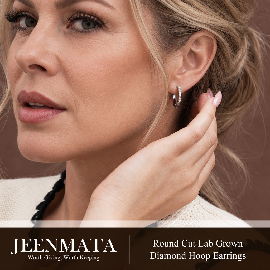 JeenMata Lab Grown Diamond Hoop Earrings - Round Cut Classic Earrings in White Gold Plating for Women