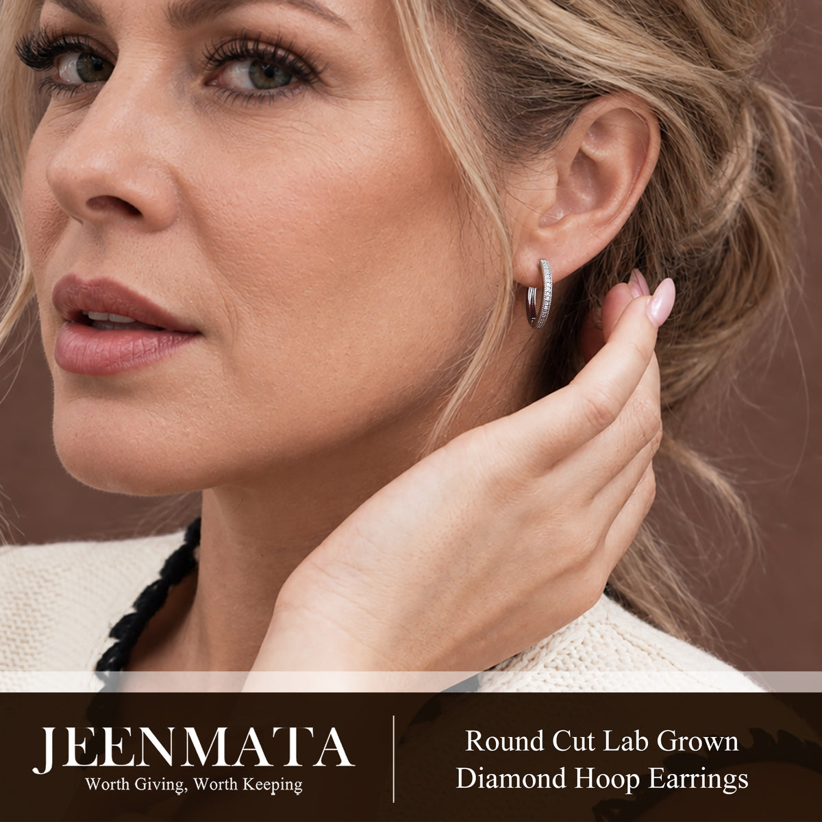 JeenMata Lab Grown Diamond Hoop Earrings - Round Cut Classic Earrings in White Gold Plating for Women