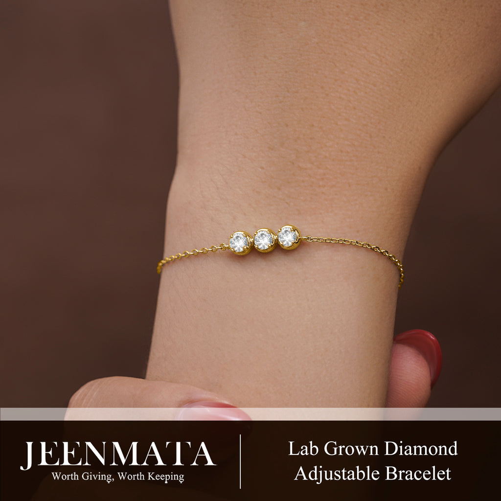 JeenMata Lab Grown Diamond Three Stones Bracelet - Adjustable Slider Yellow Gold Plating Bracelet for Women