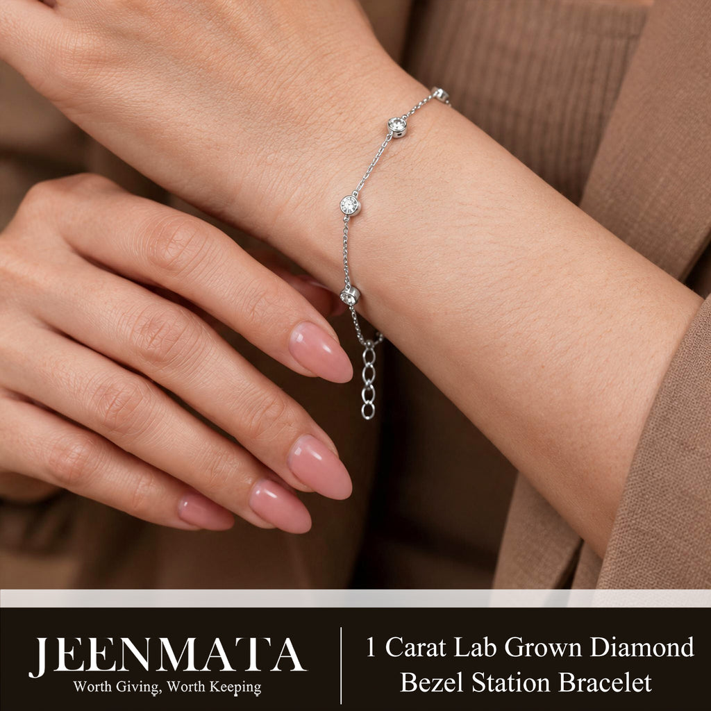JeenMata 1 Carat Lab Grown Diamond Bezel Station Bracelets - Elegant Gift Jewelry Bracelet in 18K White Gold Plating Gift for Women, Girlfriend