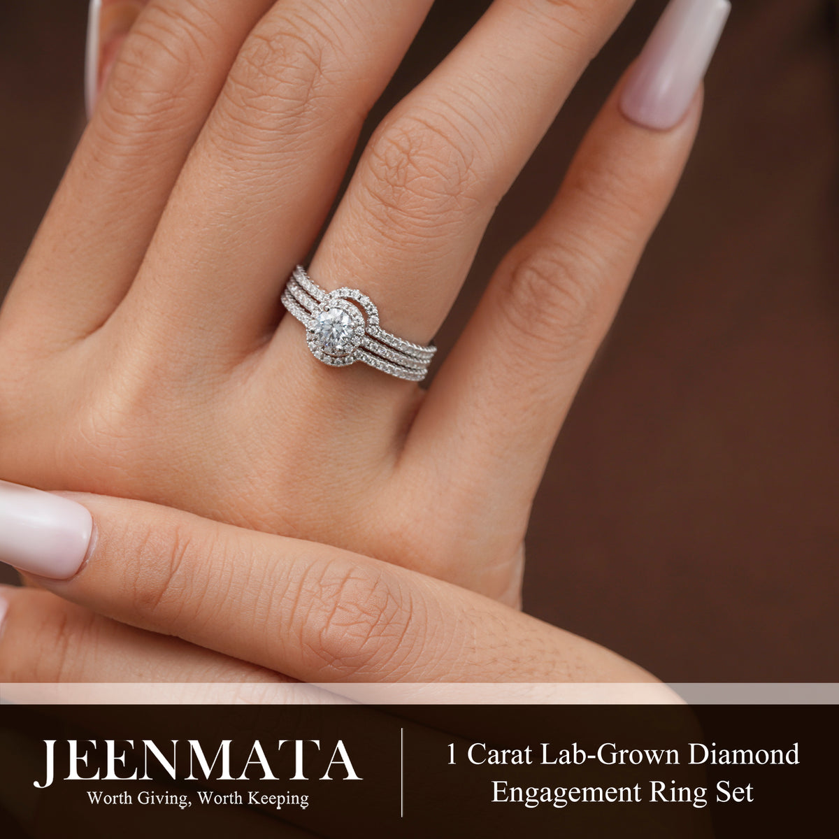 JeenMata 1 Carat Lab Grown Diamond Trio Wedding Ring Set - Round Cut Halo Statement Ring in 18K White Gold Plating for Women