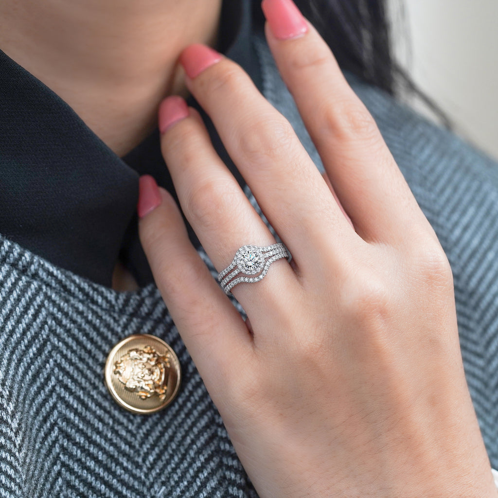 JeenMata 1 Carat Lab Grown Diamond Trio Wedding Ring Set - Round Cut Halo Statement Ring in 18K White Gold Plating for Women