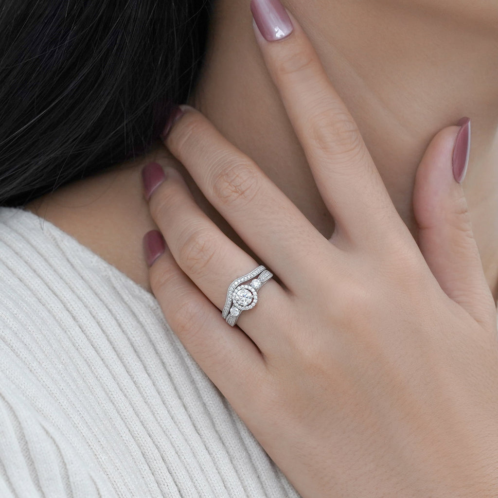2 Carat Moissanite Wedding Ring Set - Round Cut Vintage Design Halo Bridal Set in 18K White Gold Over Silver
