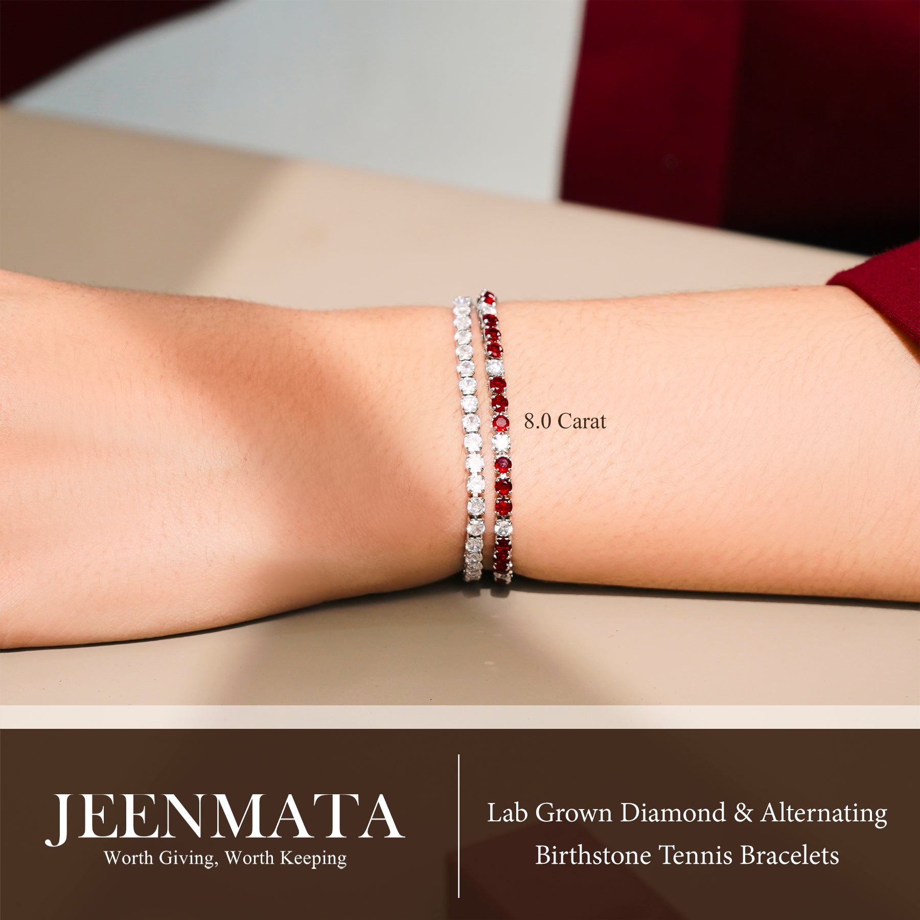 JeenMata 8 Carat Lab Grown Diamond & Blue Sapphire Alternating Birthstone Tennis Bracelets - 18K White Gold Plating for Women Eternity Design Bracelet