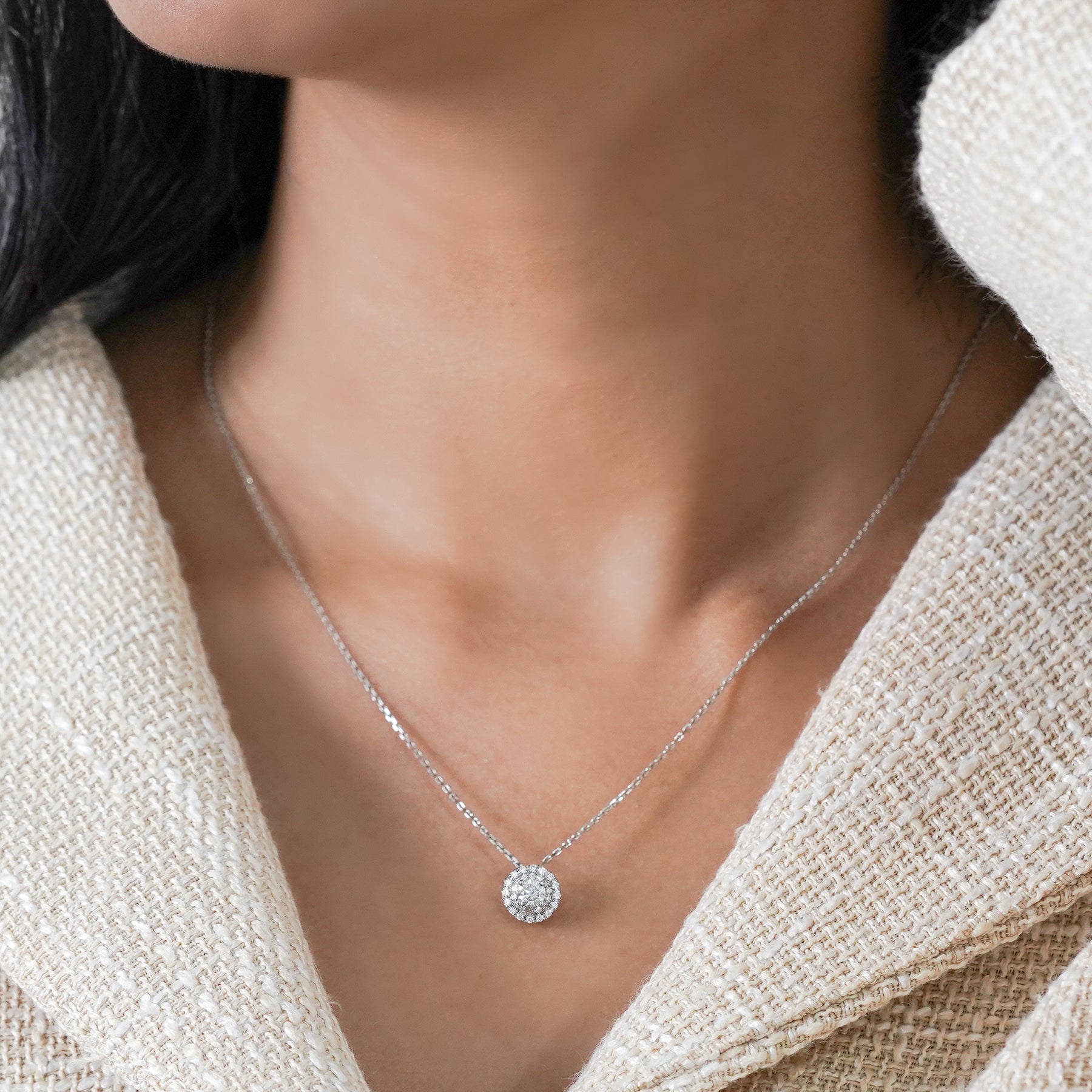 Certified 1 Carat Round Cut Lab Grown Diamond Double Halo Pendant Necklace